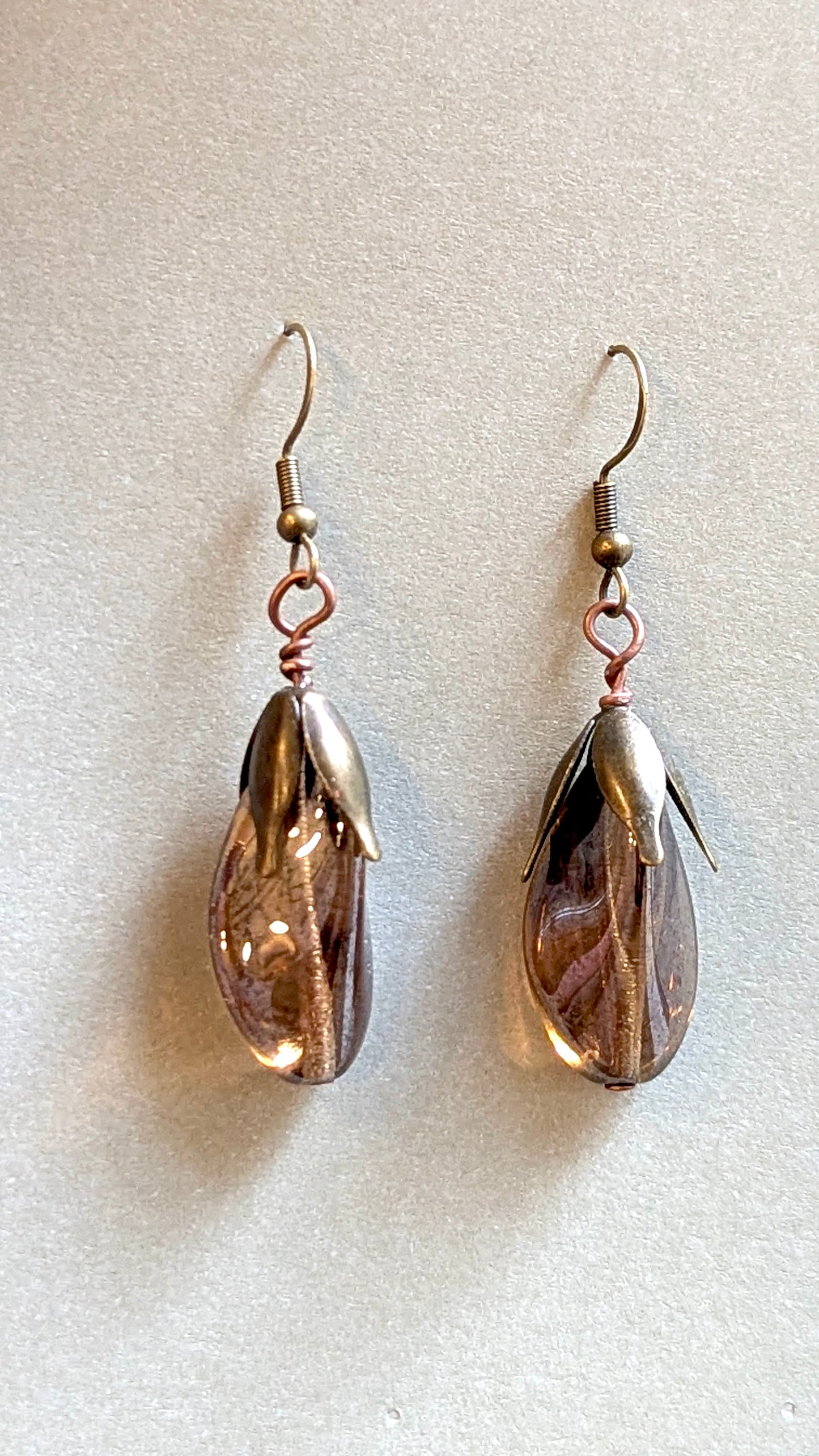 Vintage Style Amber Glass Drop Earrings with Bronze Tone Accents