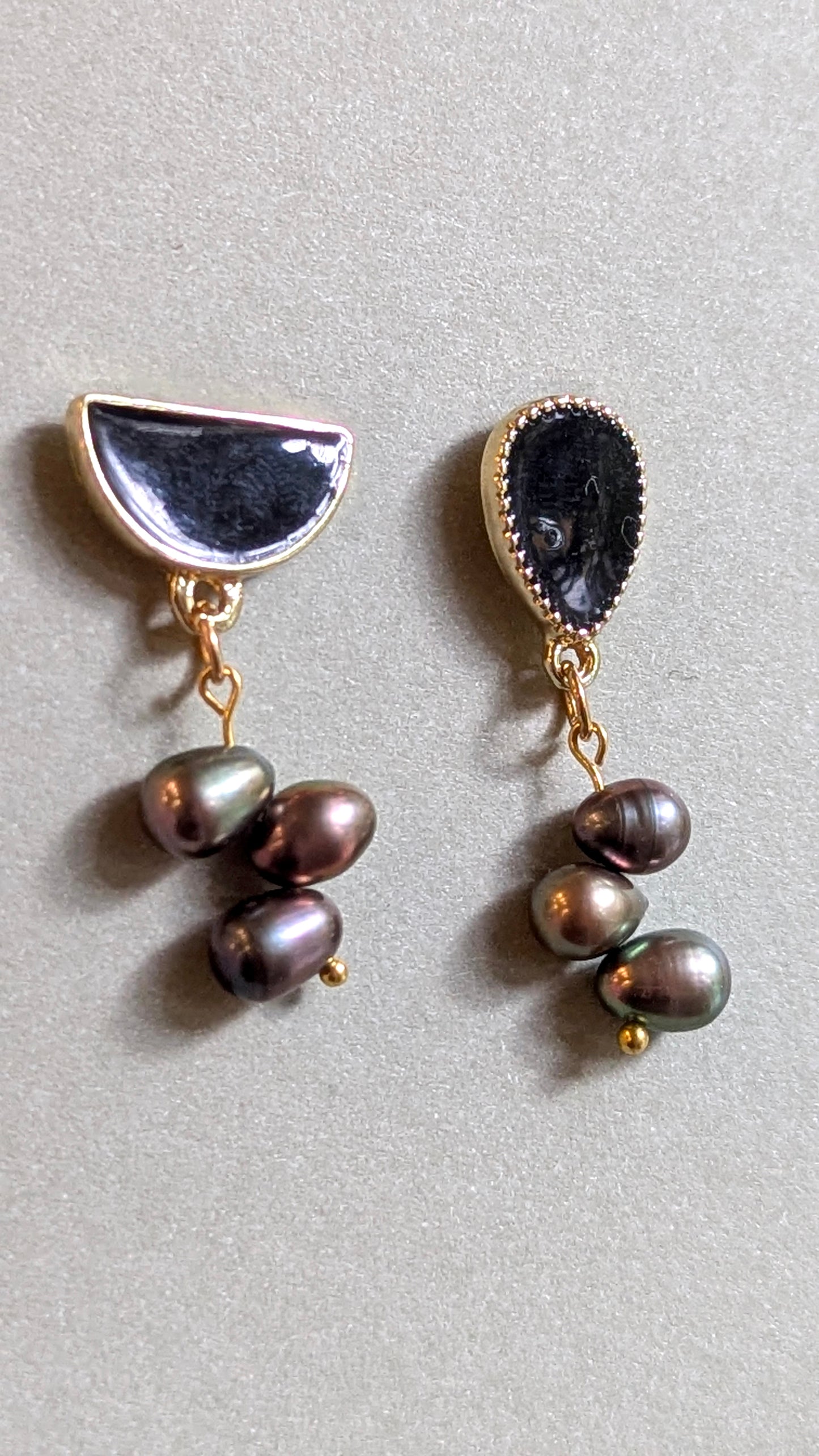 Asymmetric Black Enamel & Dark Pearl Drop Earrings
