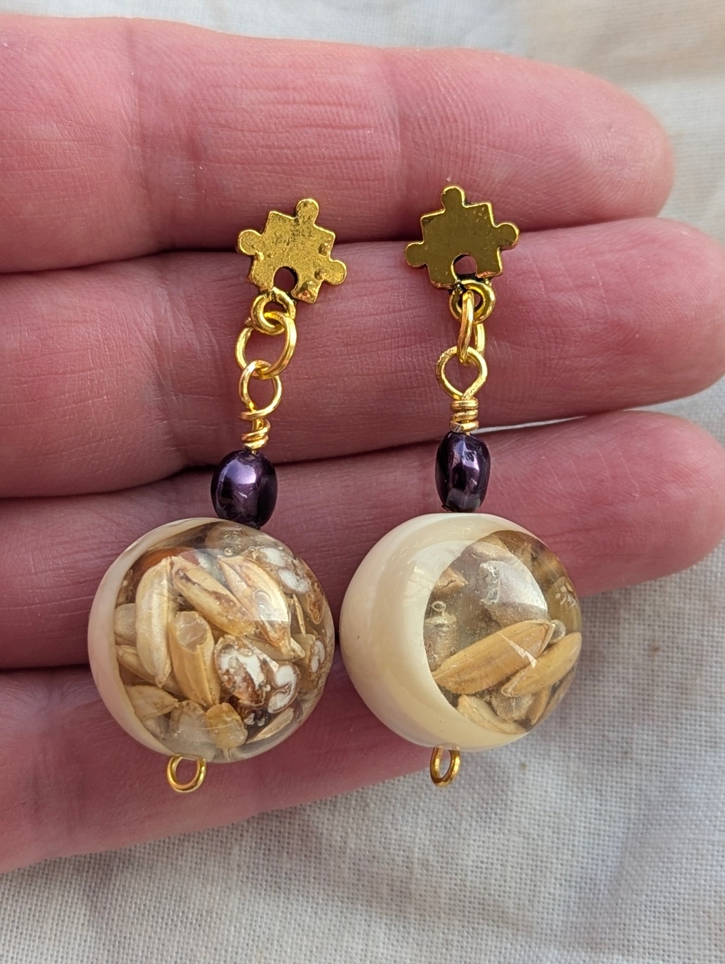 Unique Resin & Seed Drop Earrings with Puzzle Studs