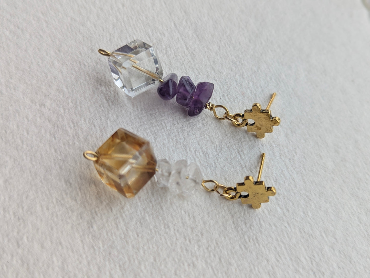Amethyst & Citrine Asymmetrical Gemstone Dangle Earrings
