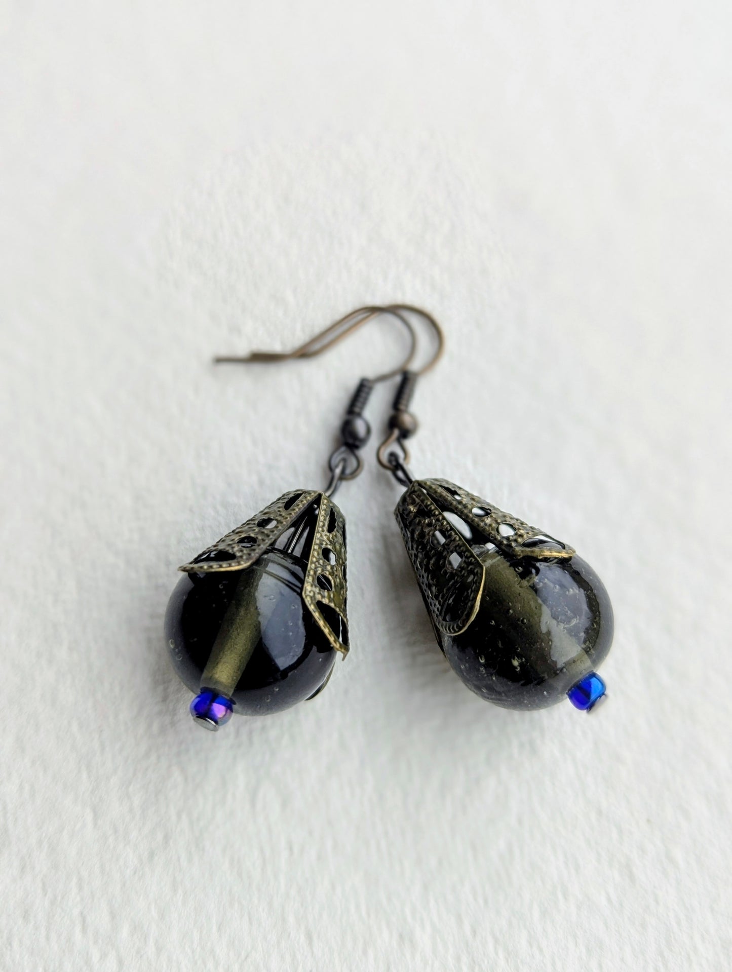 Handmade Dark Green Bead & Filigree Drop Earrings