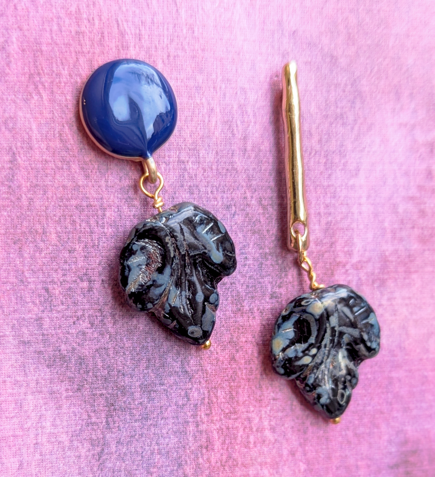 Asymmetrical Blue & Gold Marbled Leaf Dangle Earrings