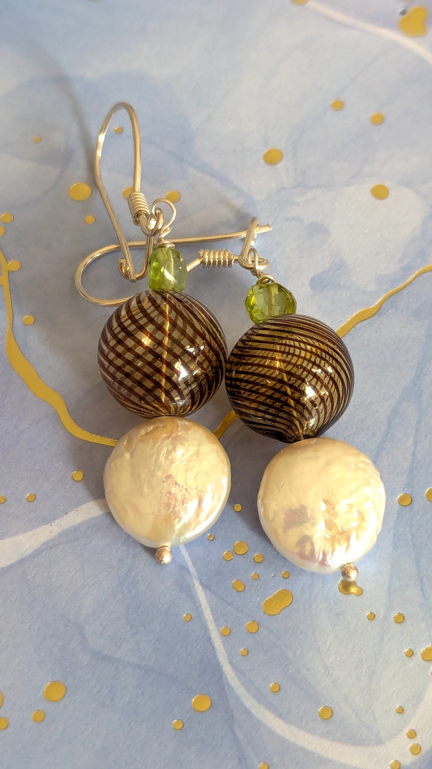 Silver earrings with coin pearls and glass bubble beads