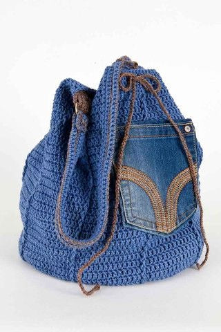 Upcycle denim and crochet drawstring bag pattern 276
