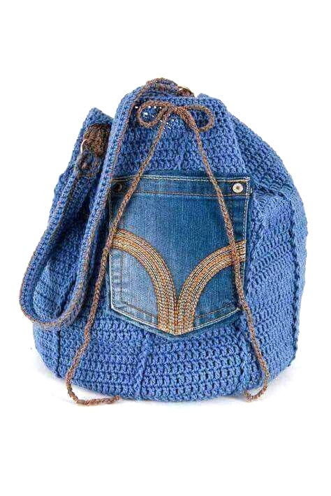 denim crochet and faux leather backpack Upcycle denim and crochet drawstring bag pattern 276