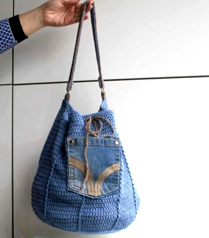 Upcycle denim and crochet drawstring bag pattern 276