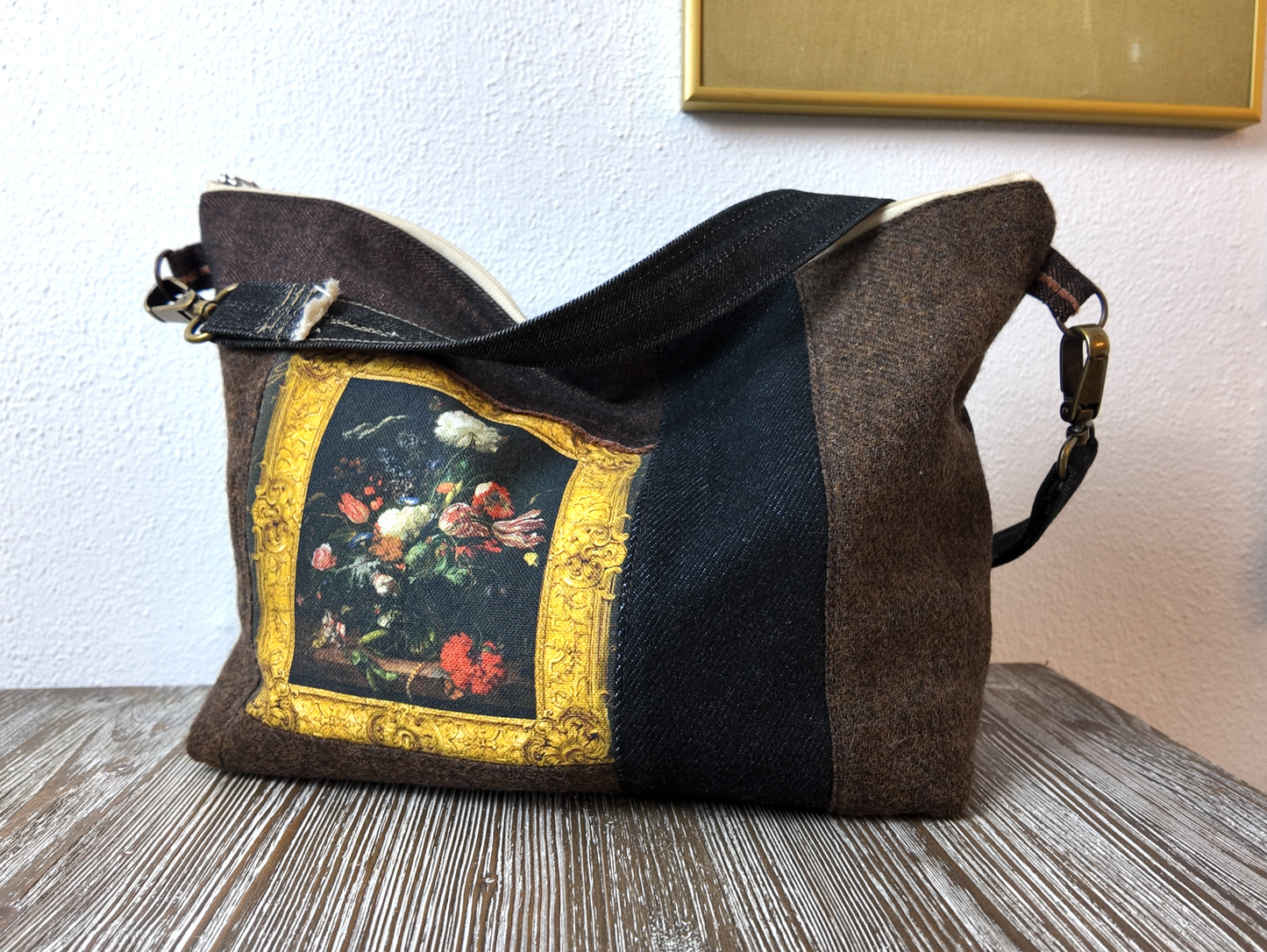 Flower still life painting canvas and wool patchwork