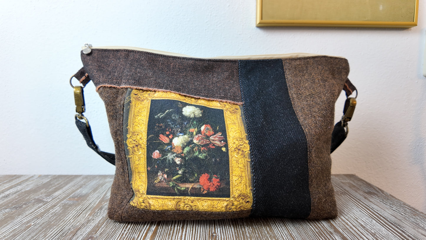 Flower still life painting canvas and wool patchwork