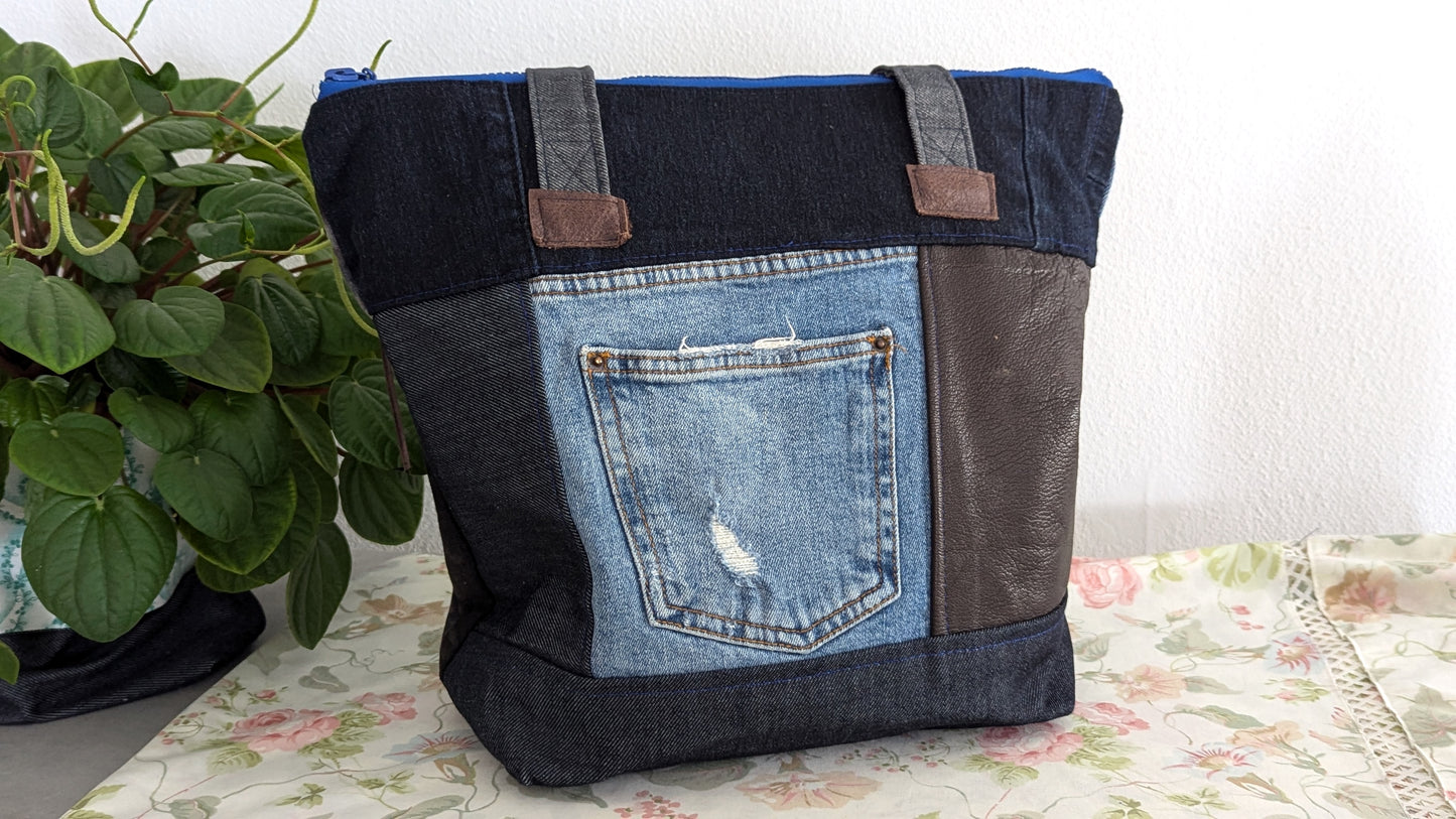 Patchwork leather and denim tote