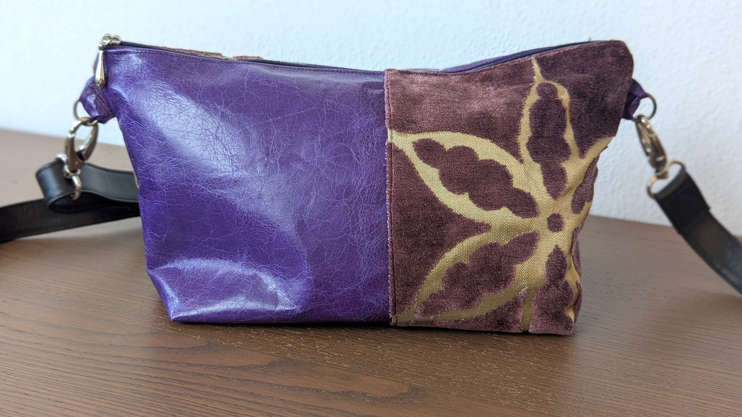 Upcycle textile and purple leather bag
