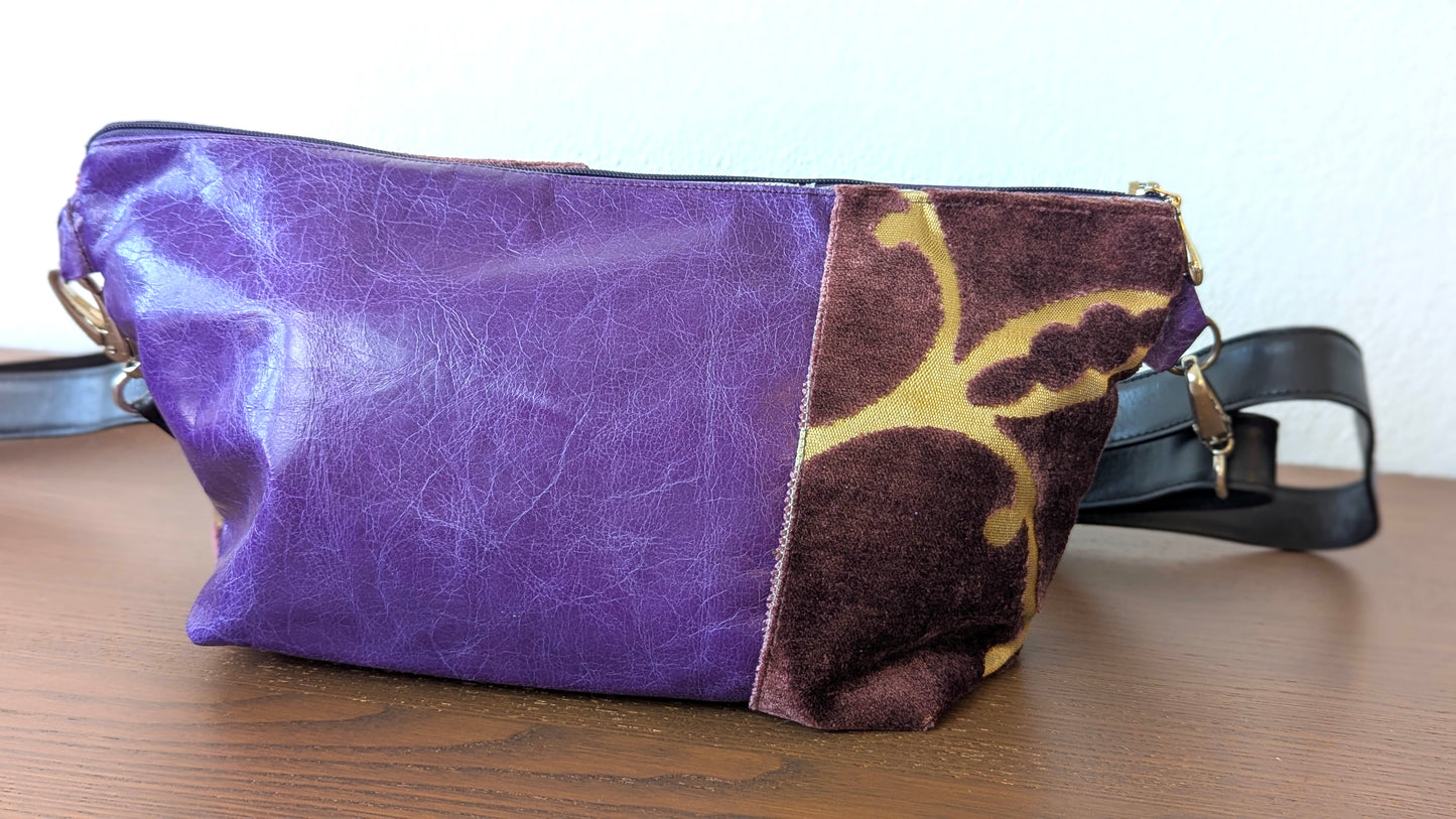 Upcycle textile and purple leather bag