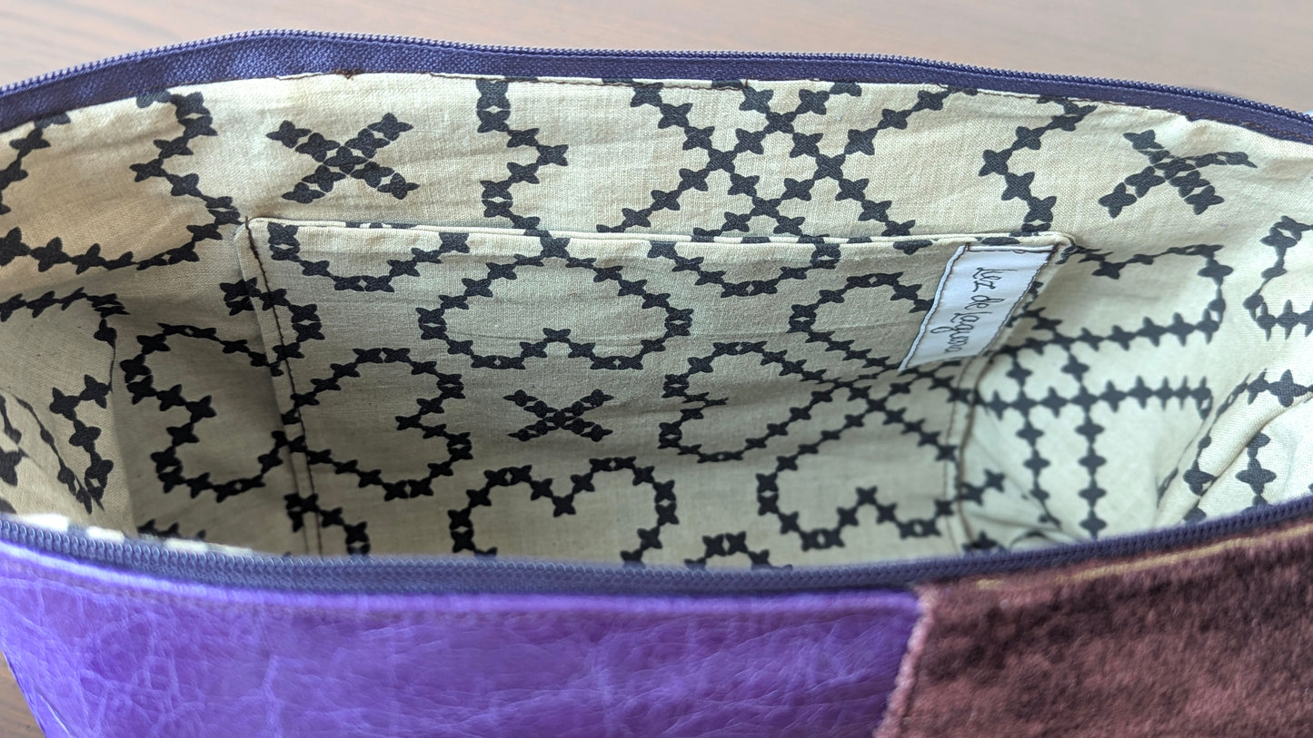 Upcycle textile and purple leather bag