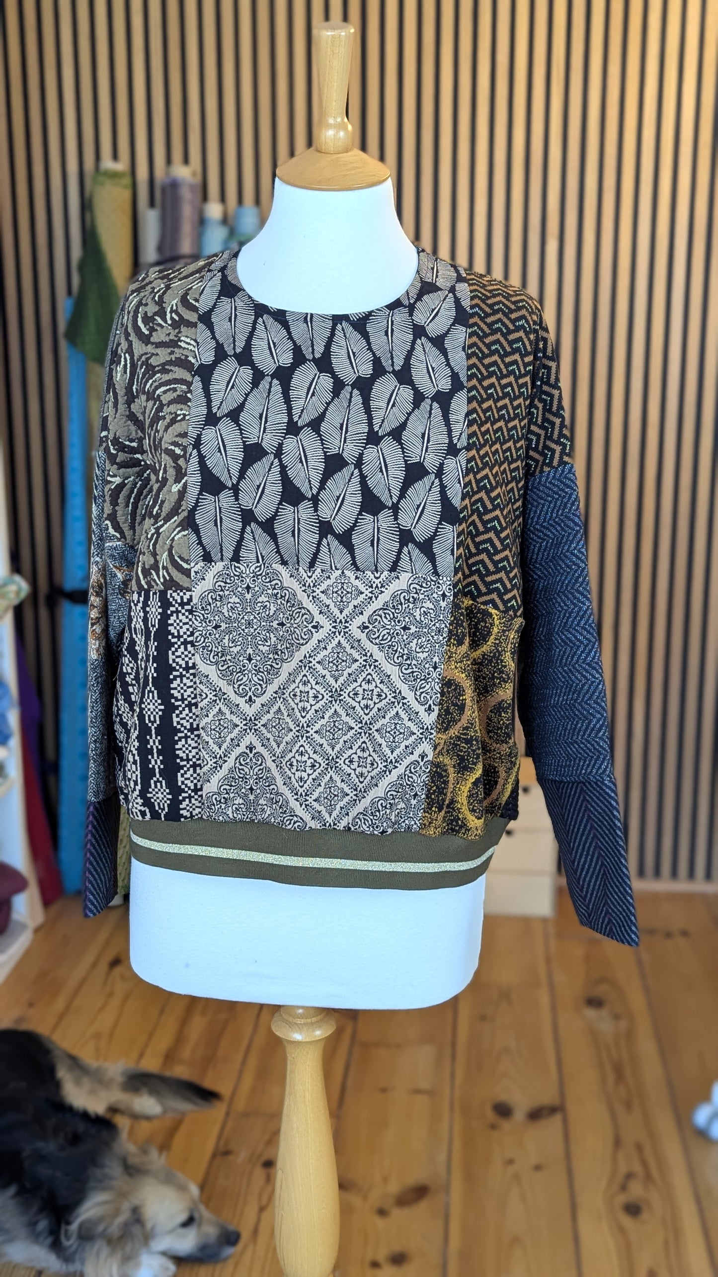 Patchwork sweater, made out of designer fabric samples