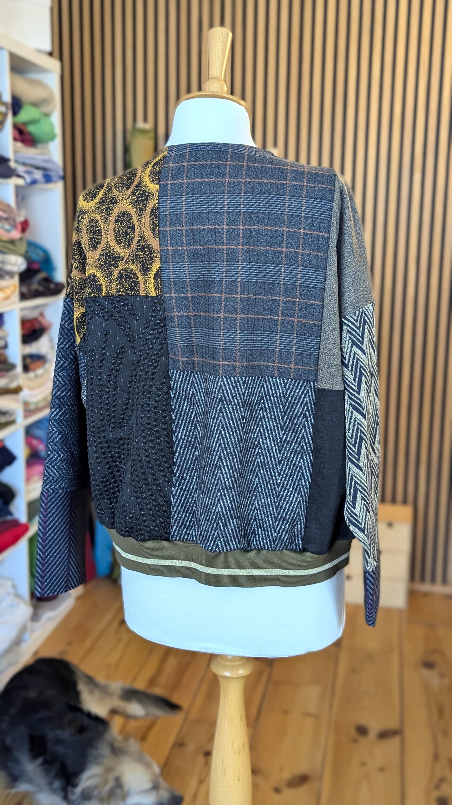 Patchwork sweater, made out of designer fabric samples