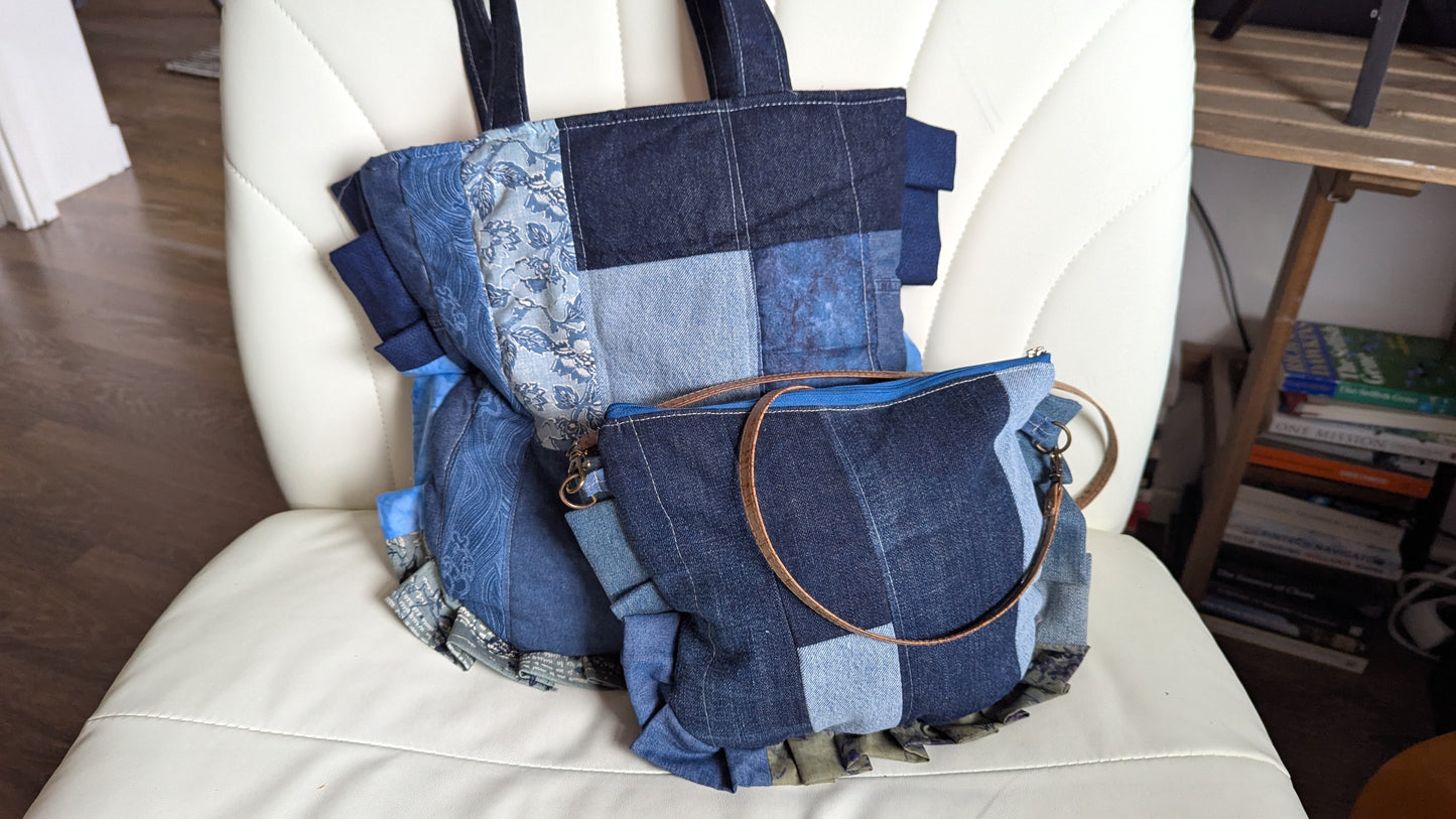 Ruffled quilted tote denim crossbody bag