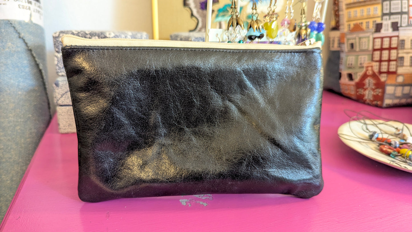 Upcycle black leather pouch with NO! patch