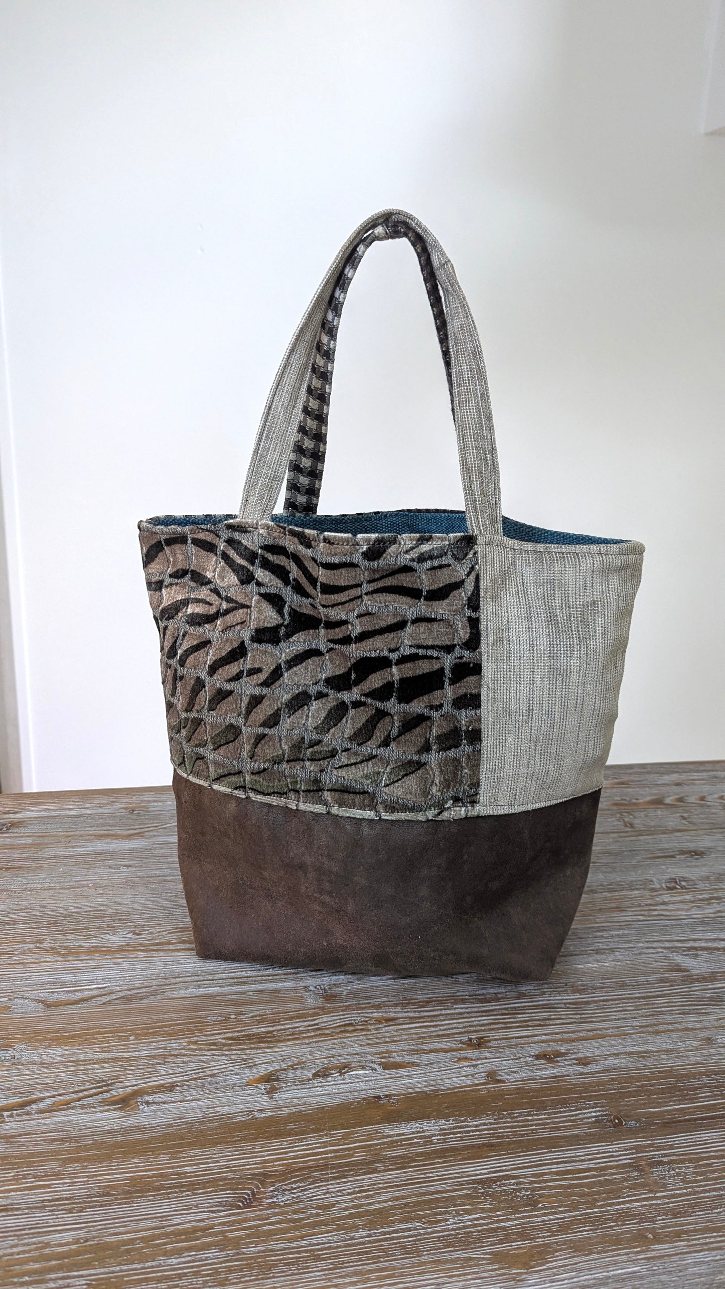 Upcycle leather and textiles Tote bag