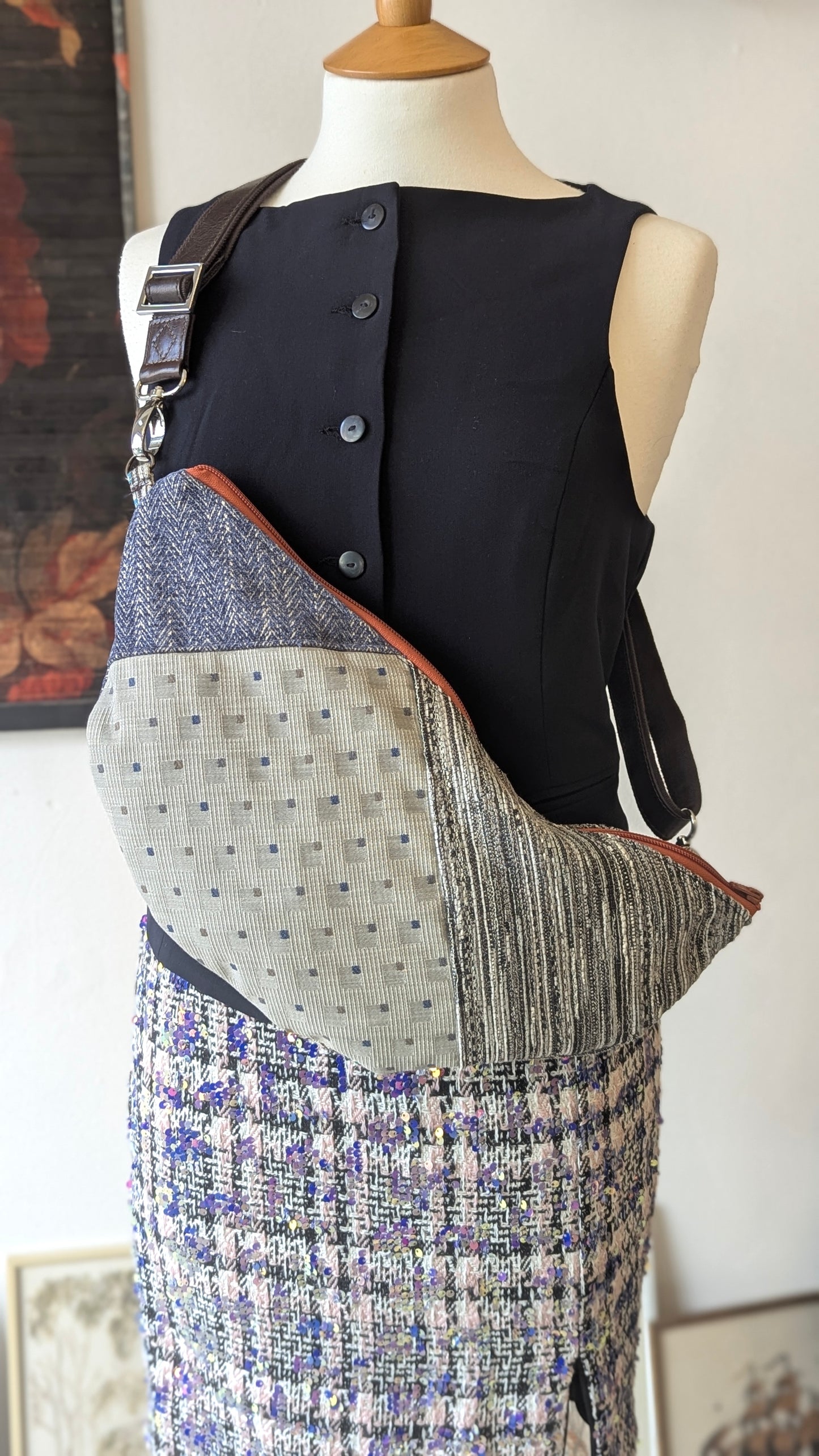 Patchwork upcycle textiles made the half moon bag