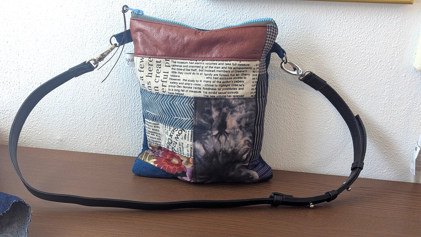 Upcycle Patchwork leather, denim and cotton crossbody bag