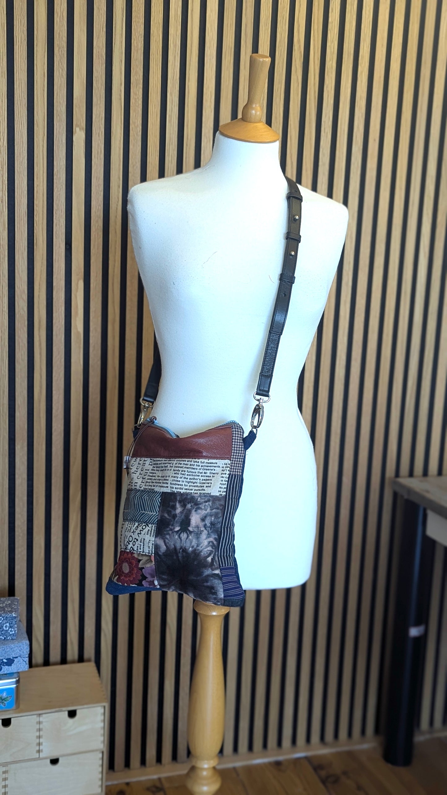 Upcycle Patchwork leather, denim and cotton crossbody bag