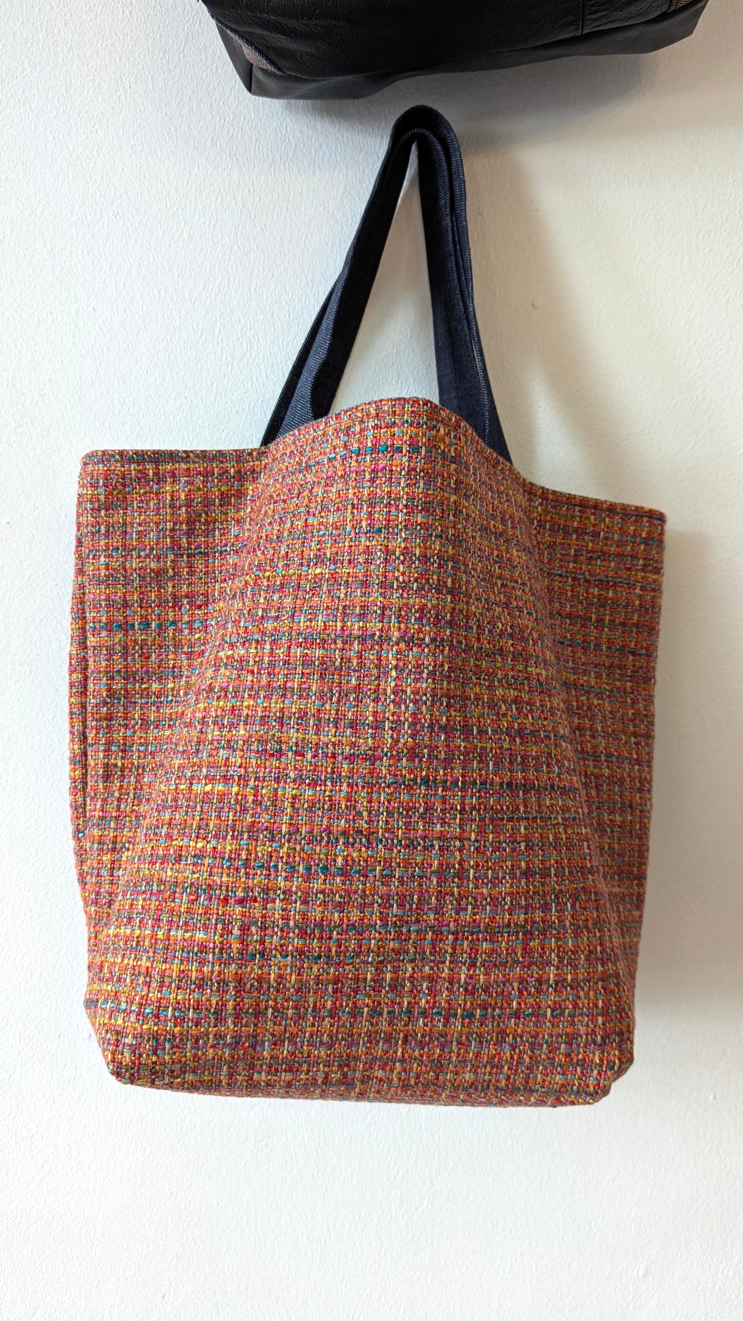 Upcycle tweed upholstery fabric and denim tote bag