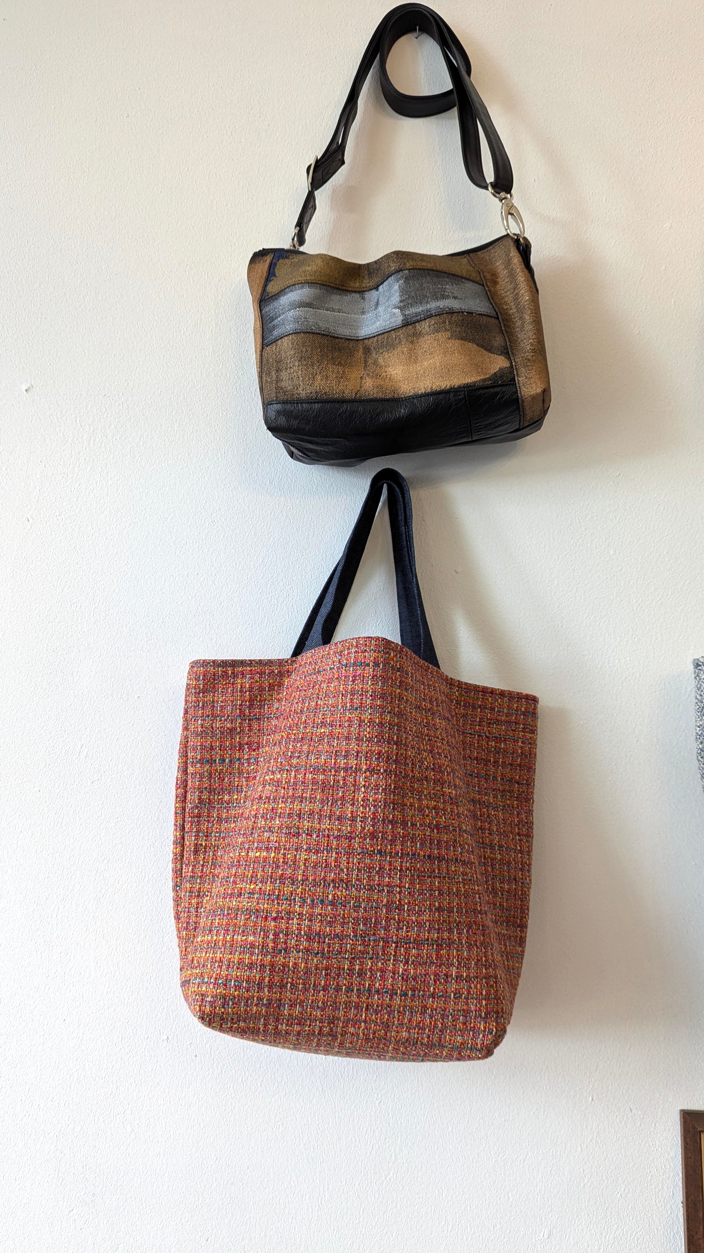 Upcycle tweed upholstery fabric and denim tote bag