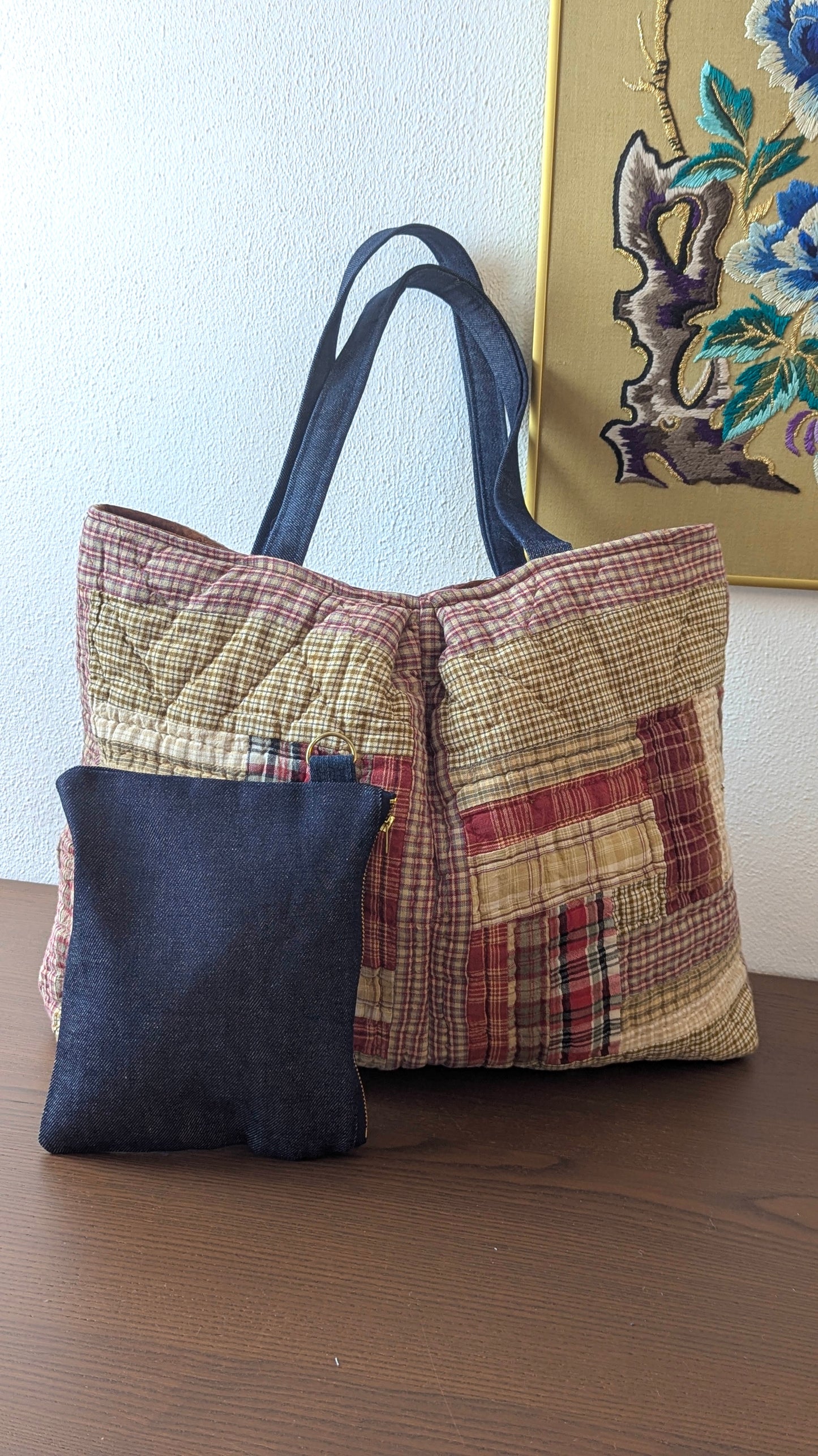 Upcycle Tote bag from quilted table mats and Japanese denim