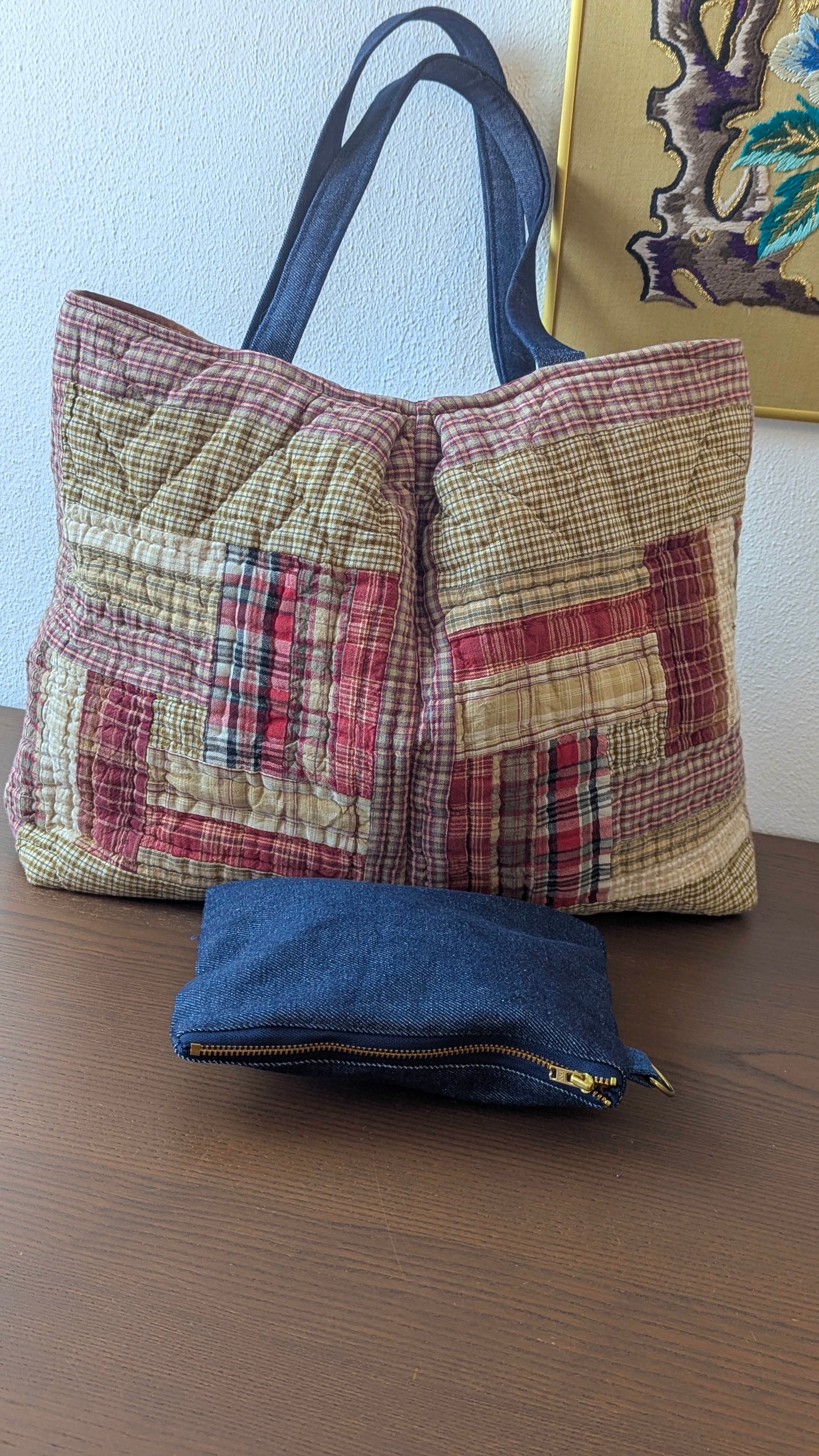 Upcycle Tote bag from quilted table mats and Japanese denim