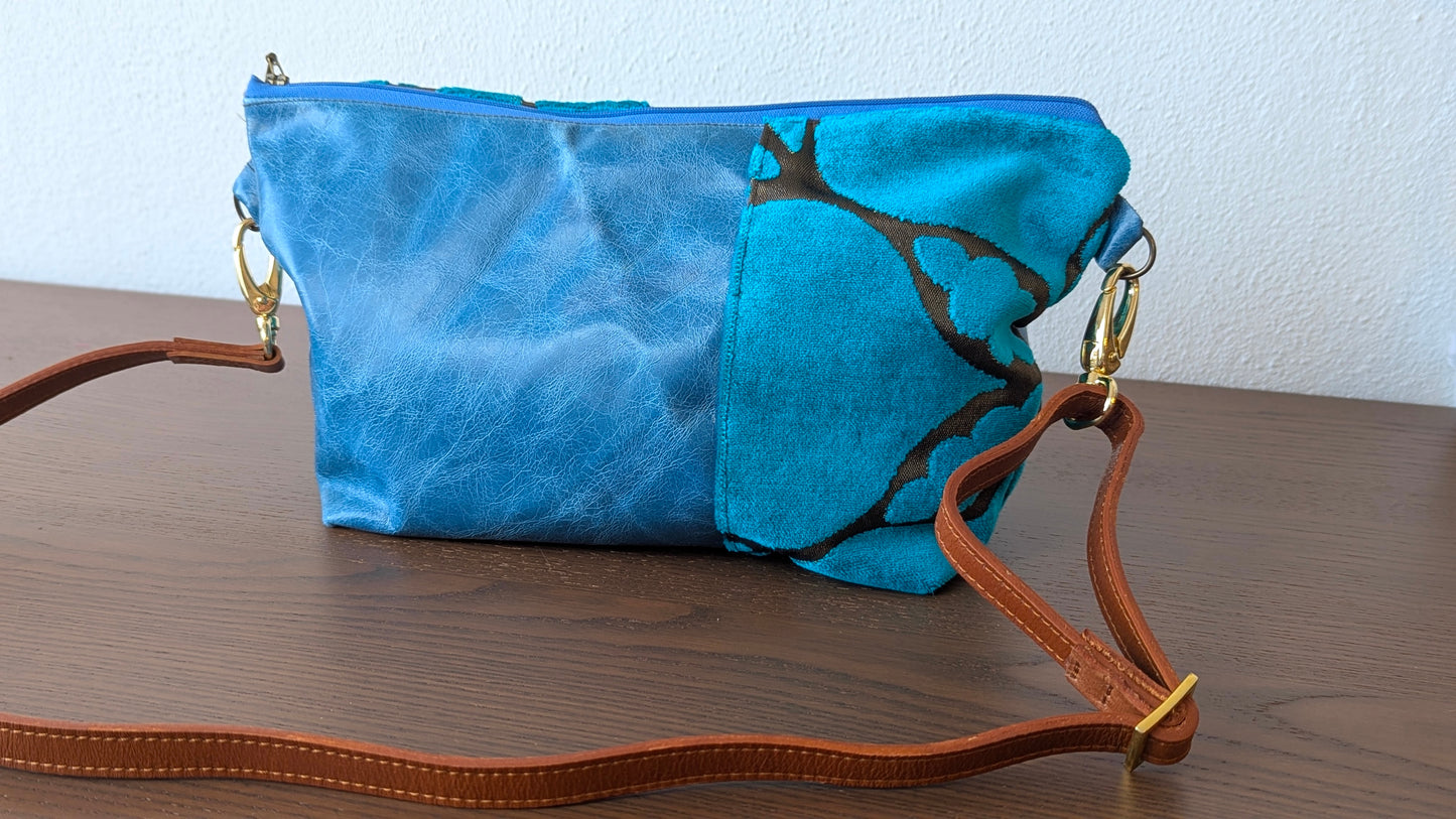 Upcycle textile in aqua and blue leather bag