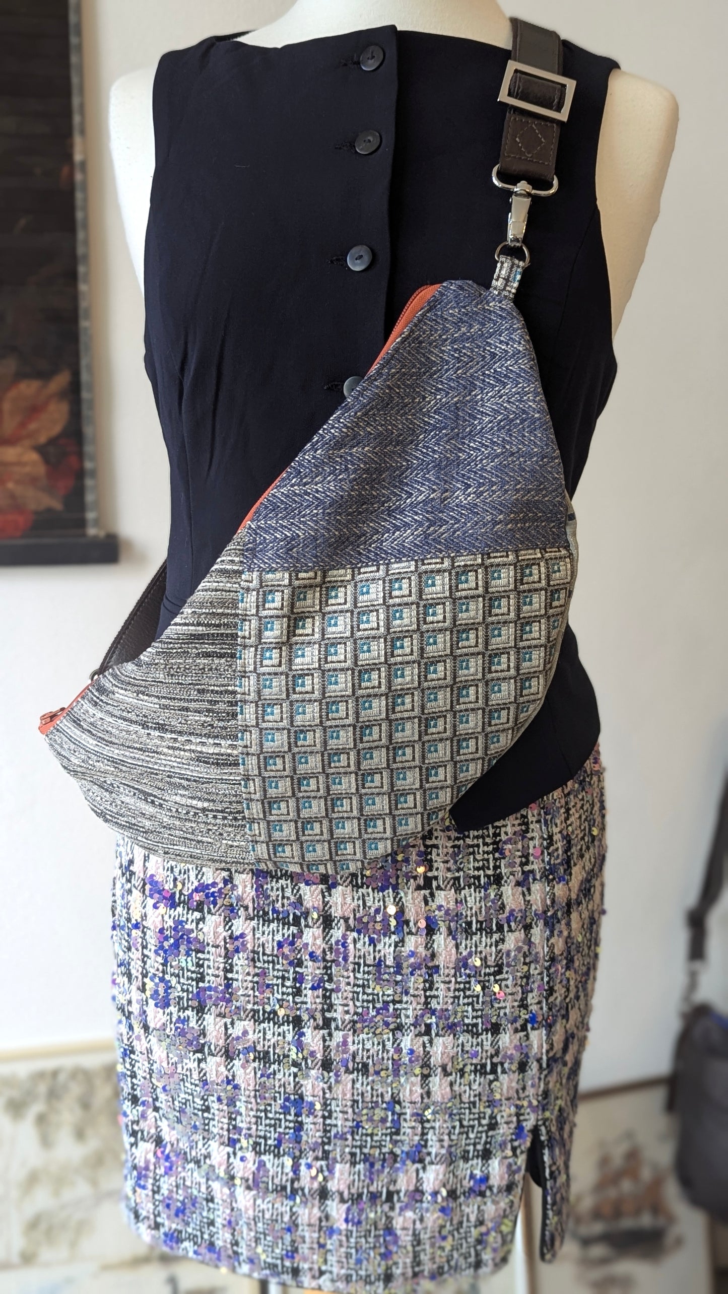 Patchwork upcycle textiles made the half moon bag