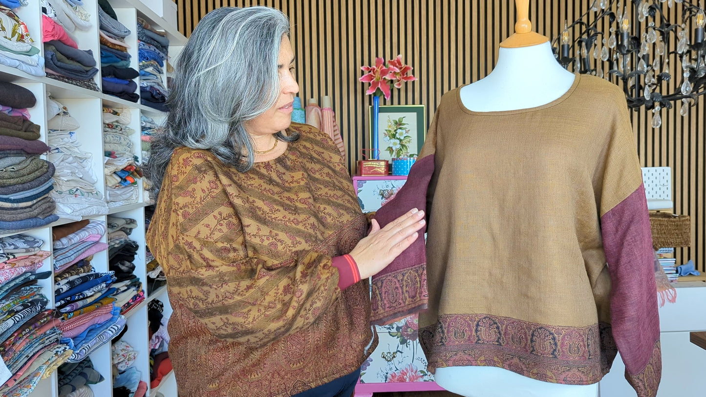 Winter top, upcycle wool scarf (old gold and burgundy)