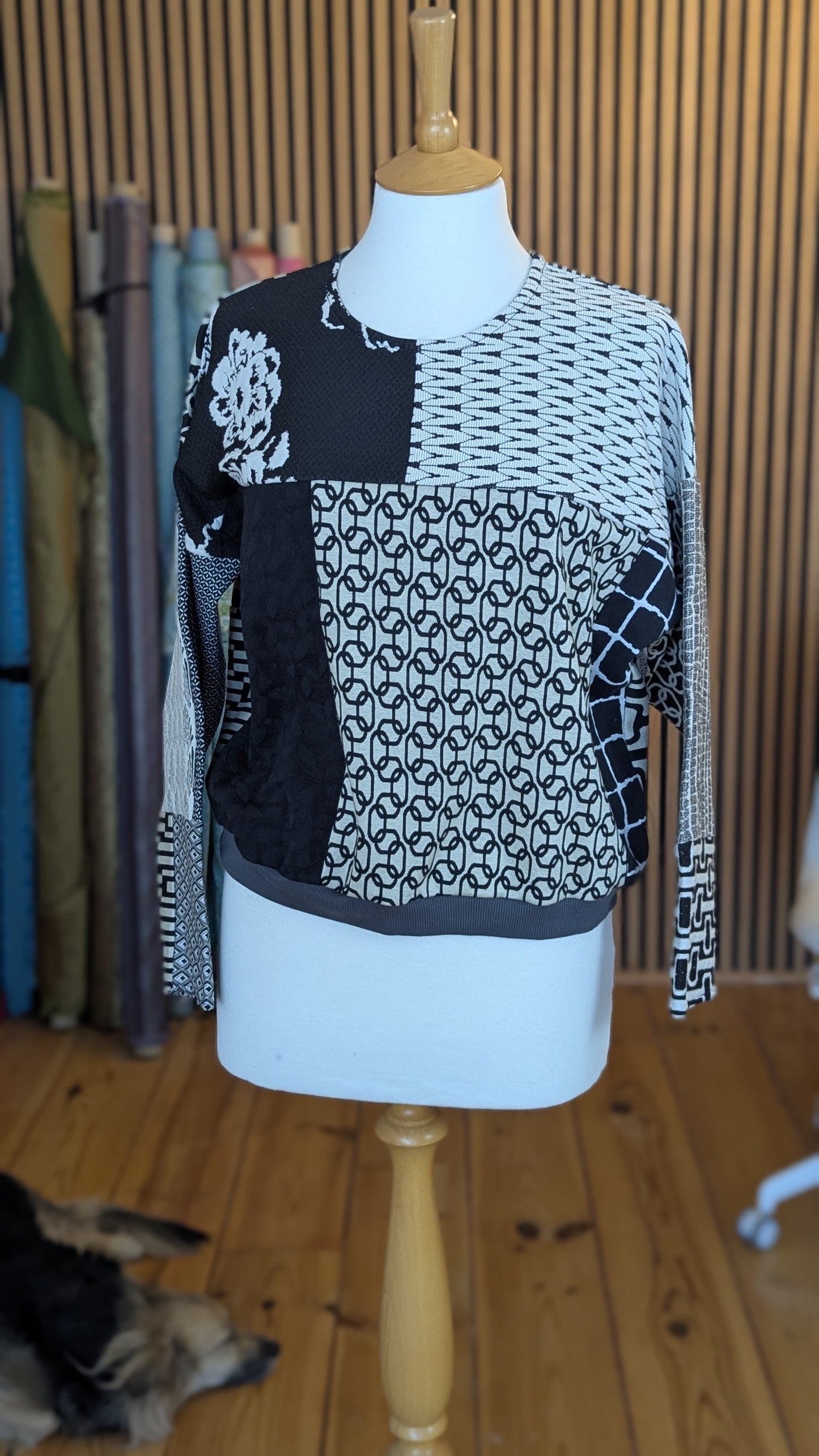 Patchwork sweater, made out of designer fabric samples (Black and white)