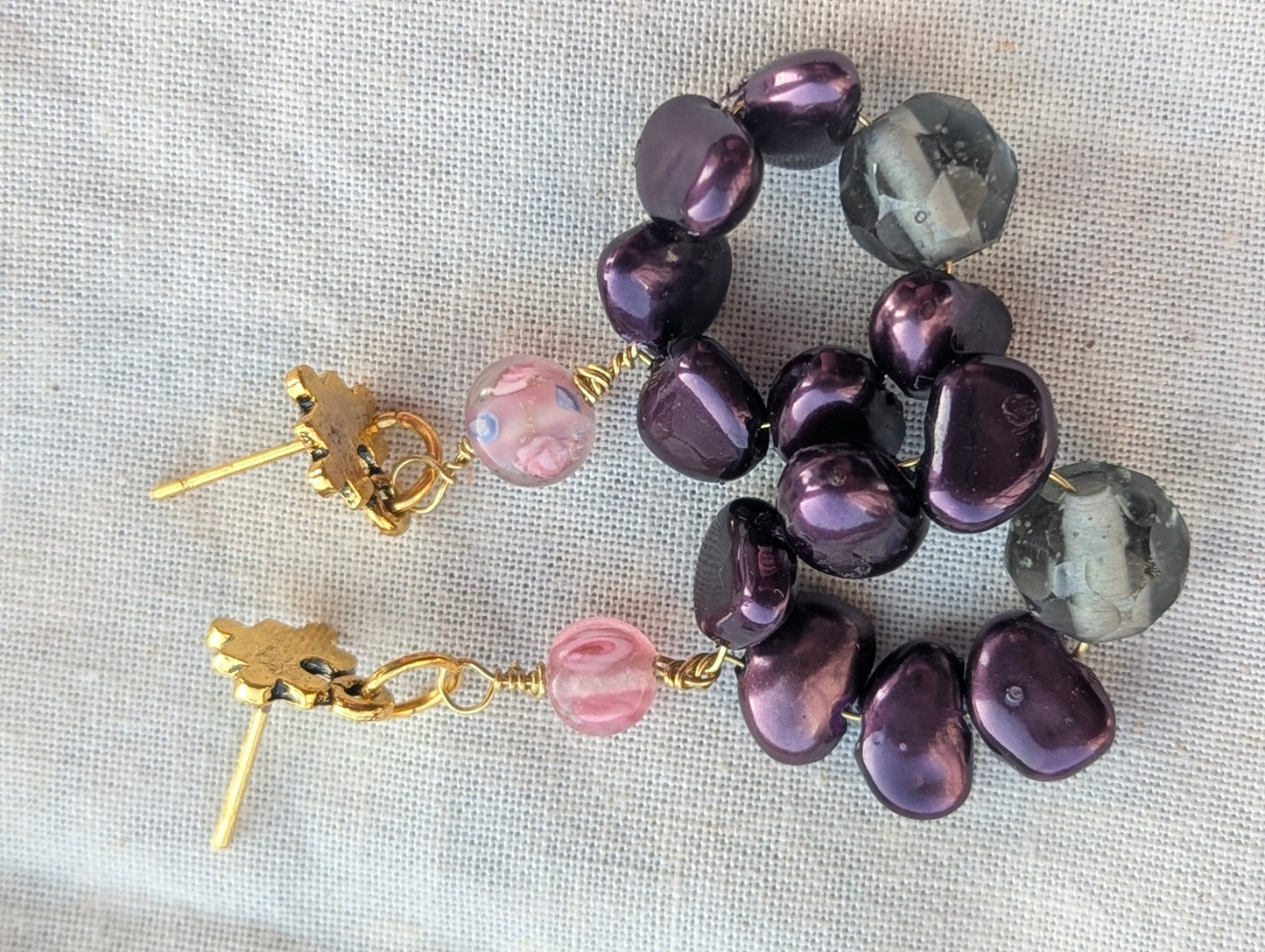Handmade Purple Pearl & Glass Bead Dangle Earrings