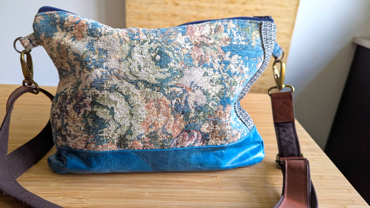Upcycle crossbody bag luxurious textiles and Italian leather