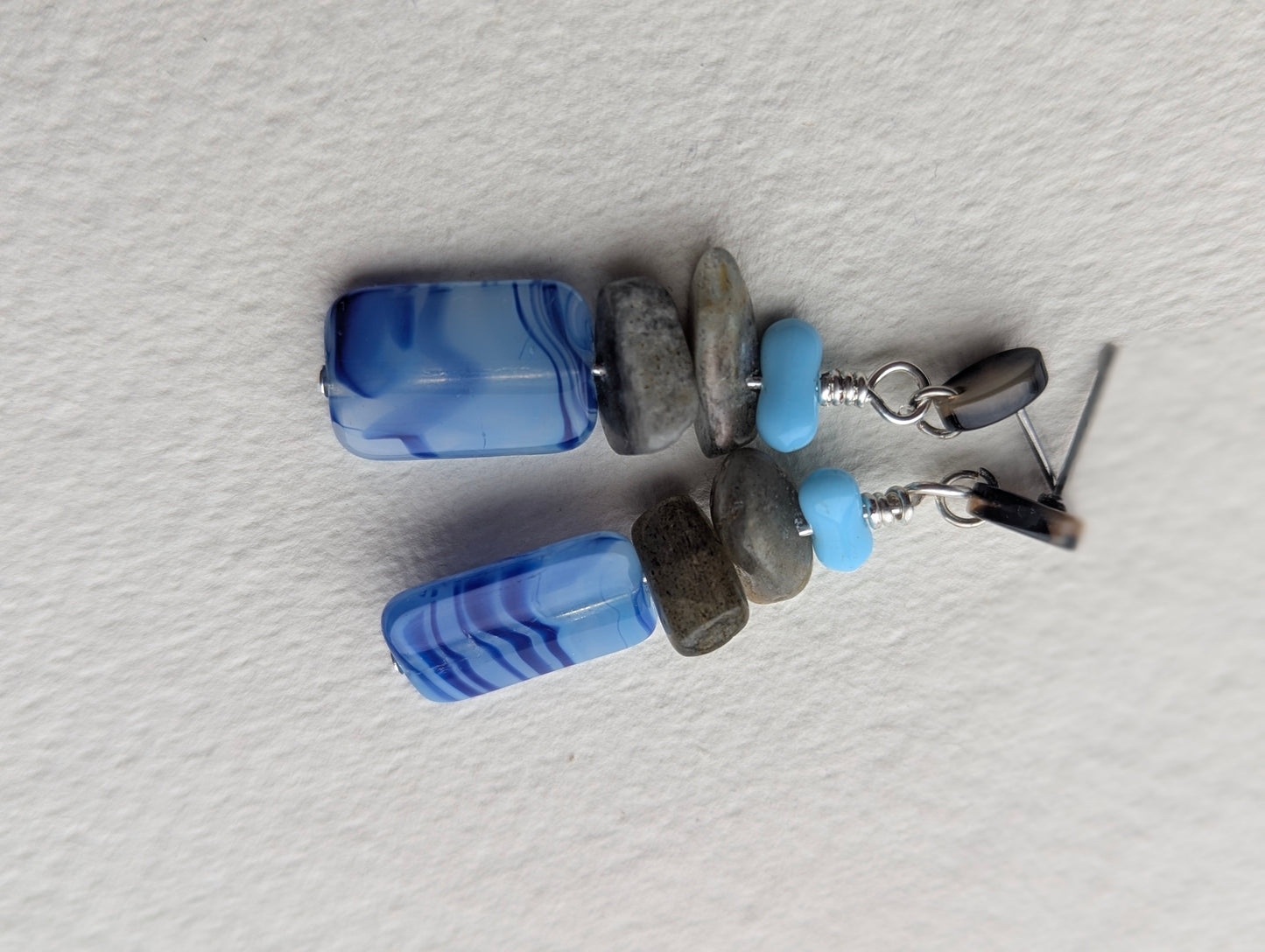 Handmade Blue Striped Glass & Stone Dangle Earrings