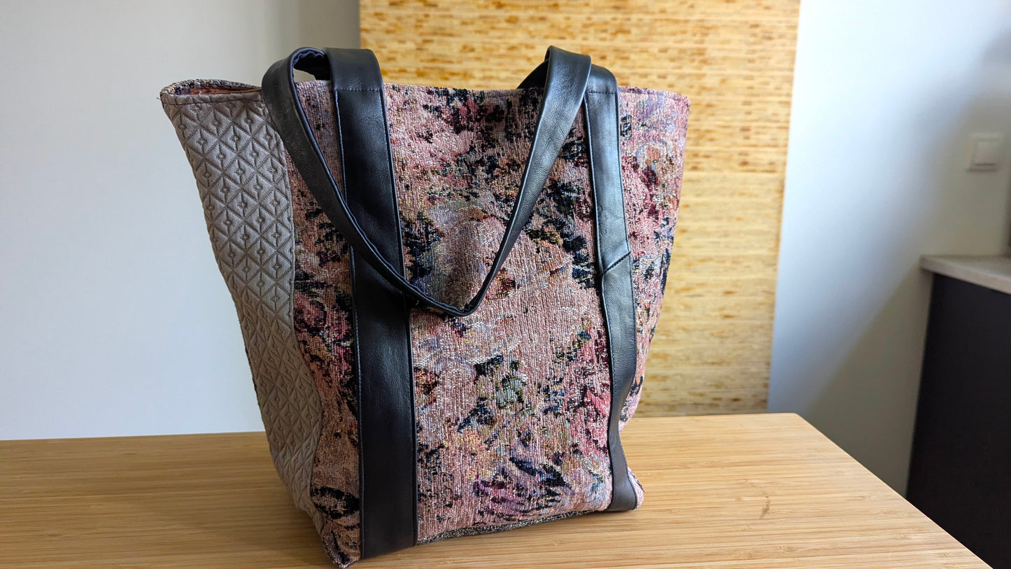 Upcycle Tote bag luxurious textiles and leather ties