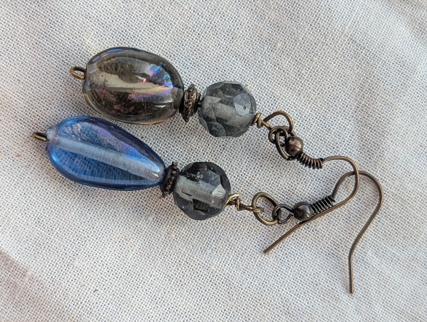 Unique Mismatched Blue & Iridescent Beaded Drop Earrings