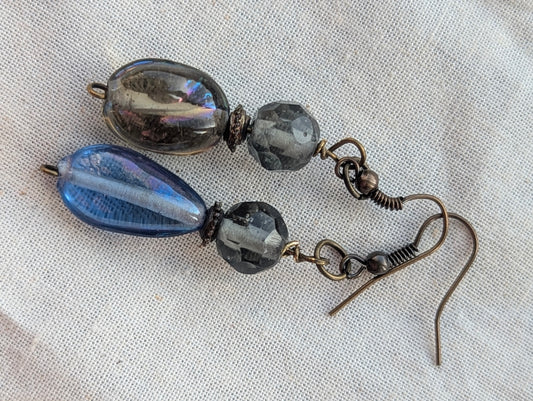 Unique Mismatched Blue & Iridescent Beaded Drop Earrings