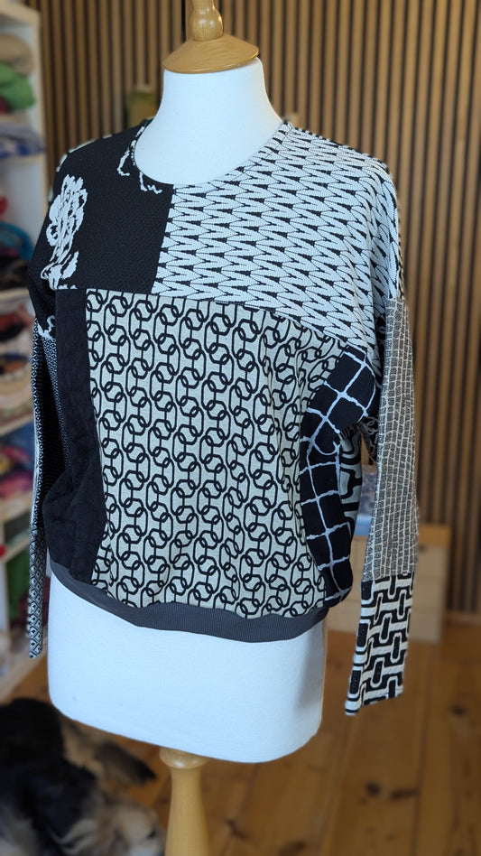 Patchwork sweater, made out of designer fabric samples (Black and white)