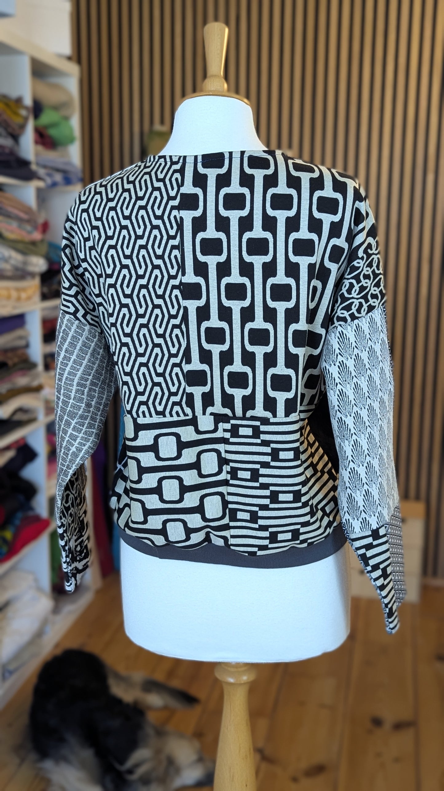 Patchwork sweater, made out of designer fabric samples (Black and white)