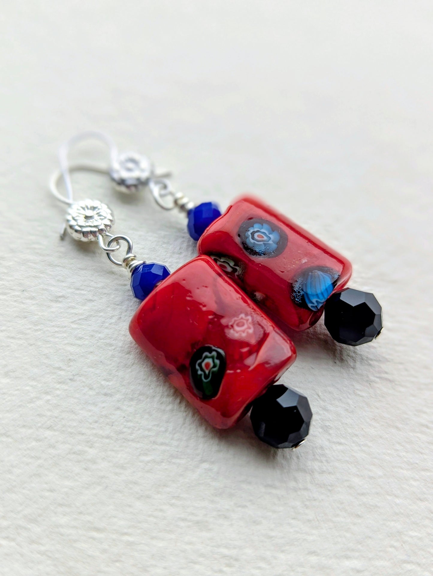 Handmade Red Millefiori Glass Drop Earrings