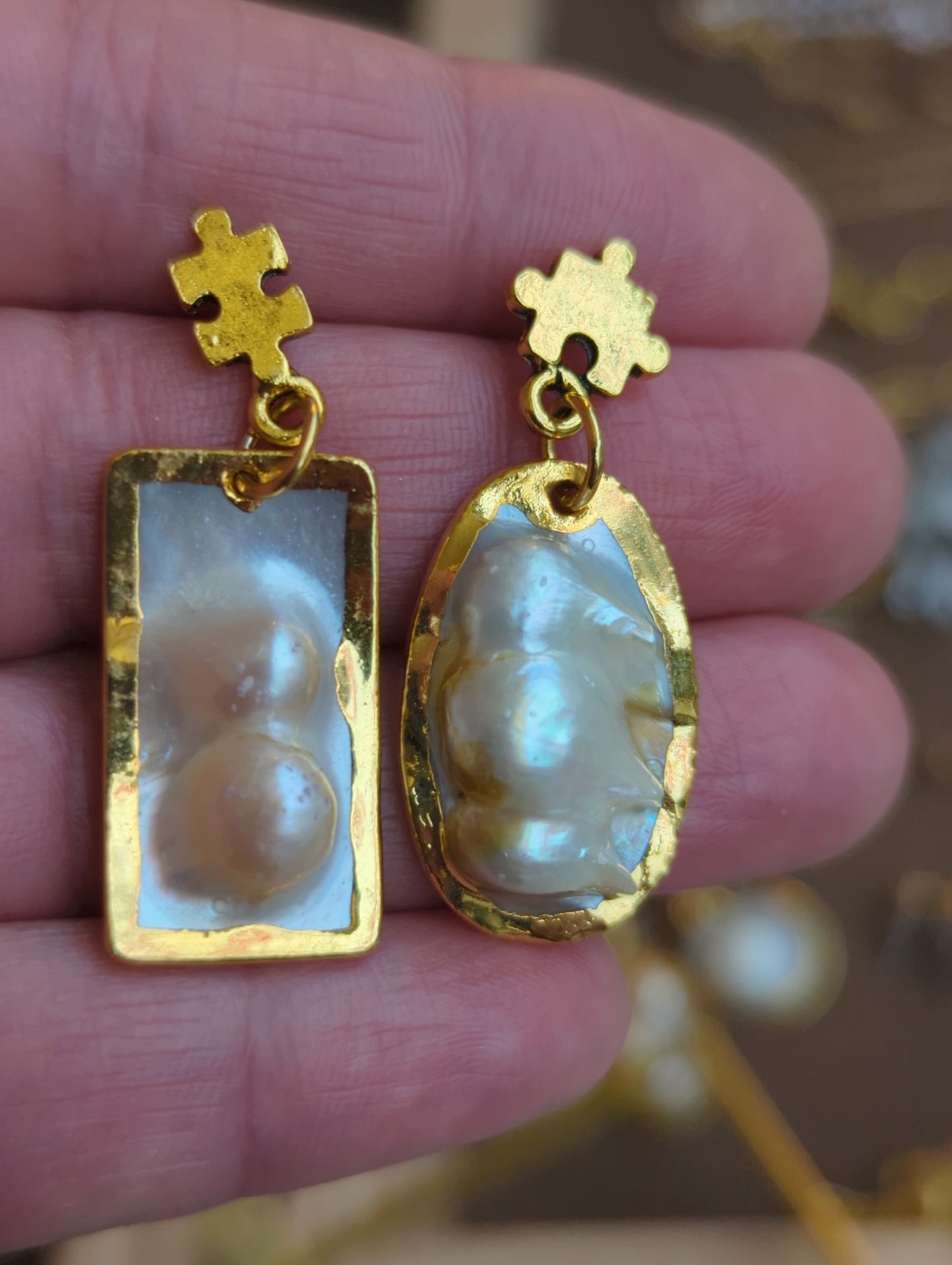 Freshwater Pearl Asymmetrical Gold Plated Puzzle Earrings