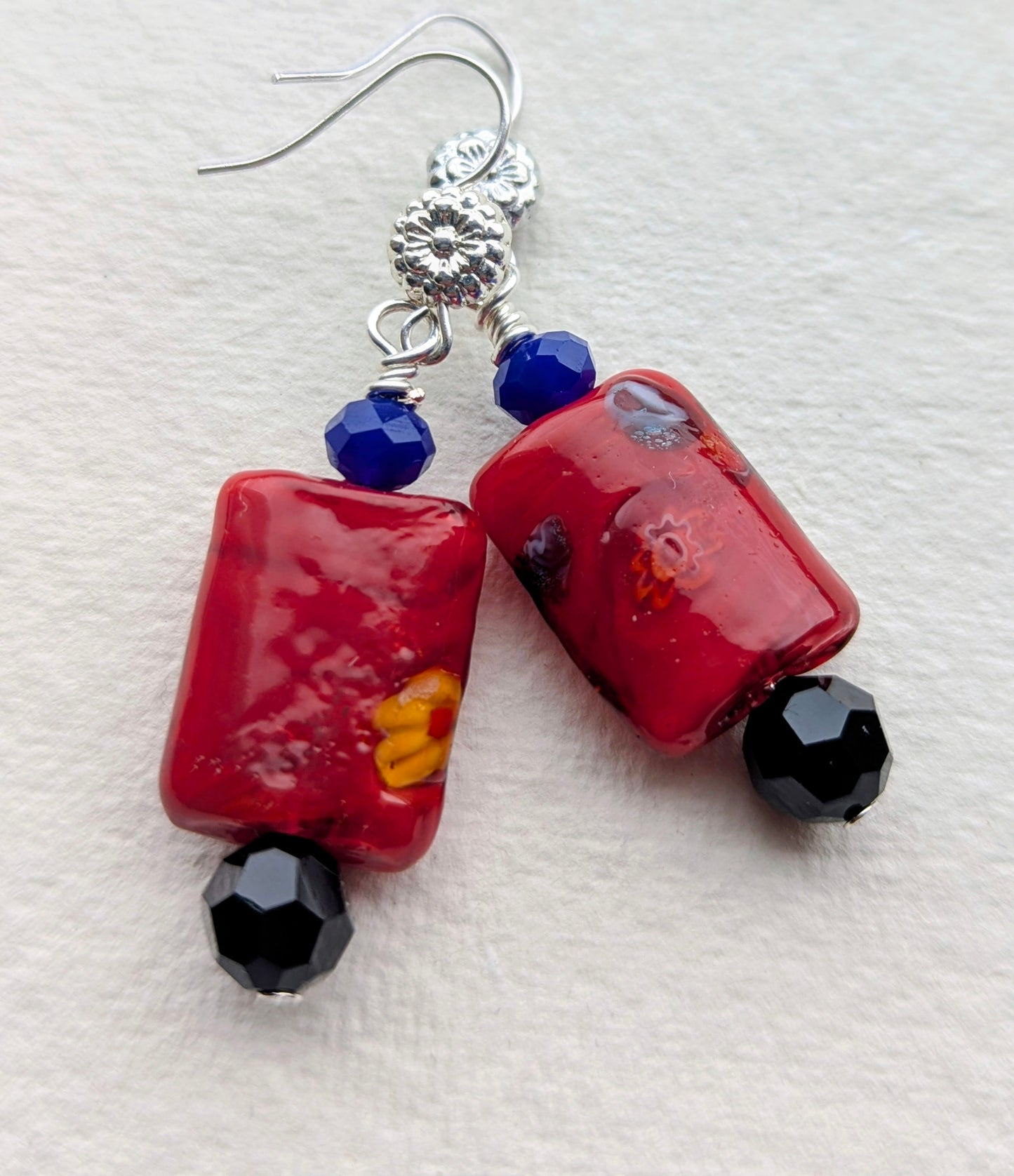 Handmade Red Millefiori Glass Drop Earrings