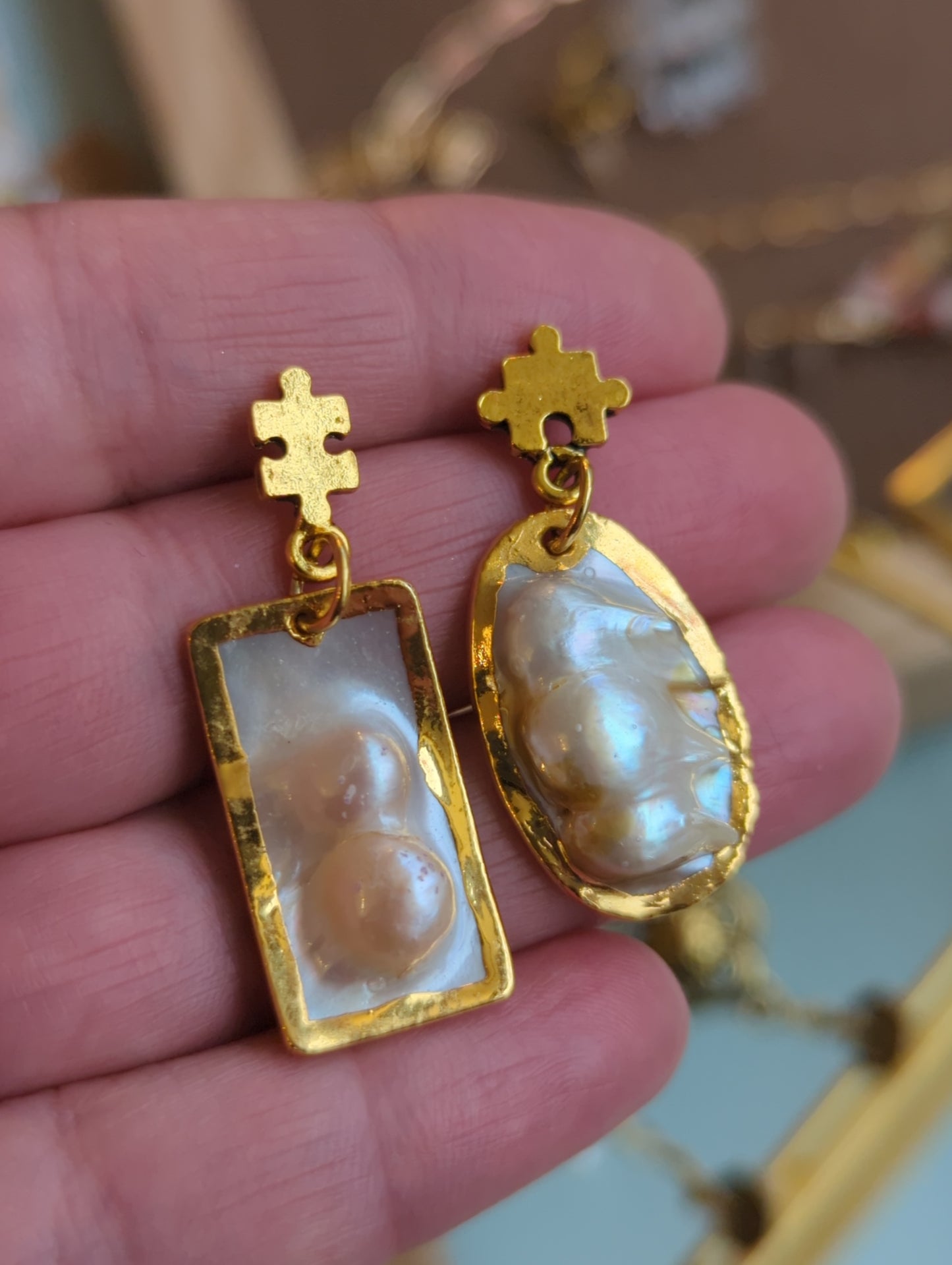 Freshwater Pearl Asymmetrical Gold Plated Puzzle Earrings