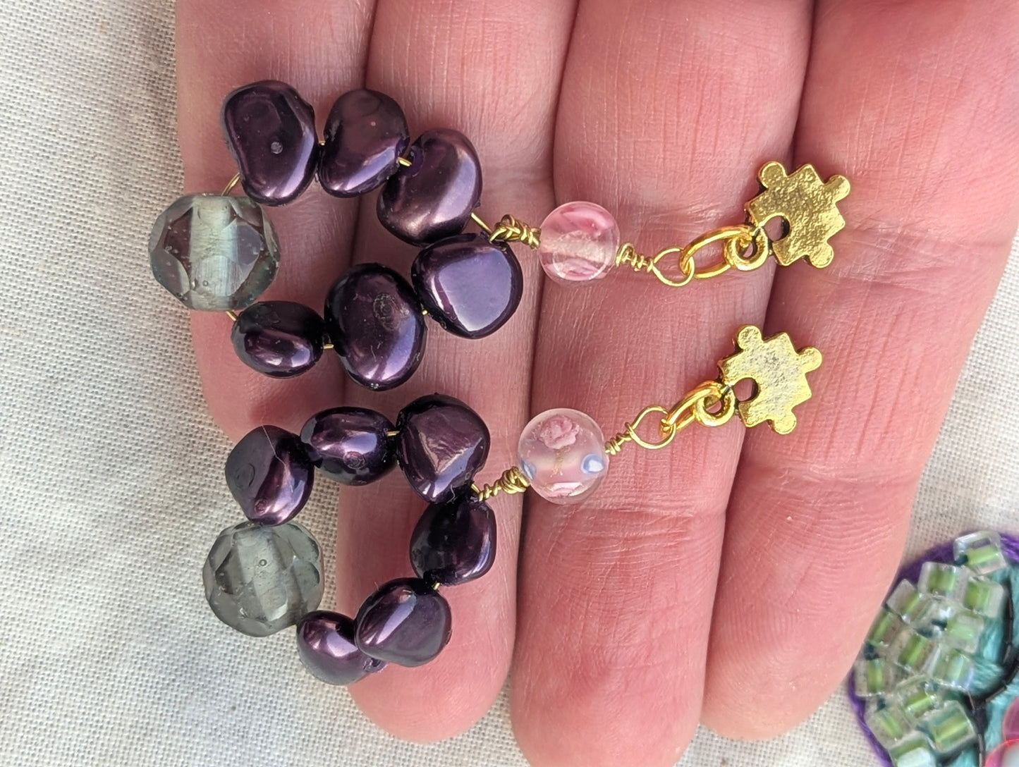 Handmade Purple Pearl & Glass Bead Dangle Earrings