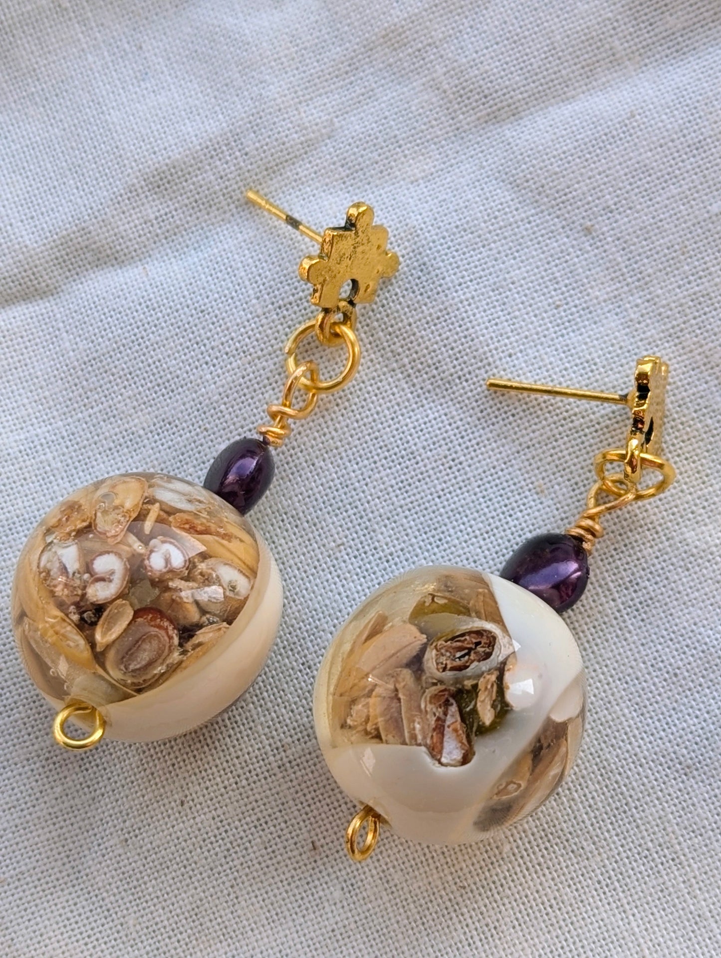 Unique Resin & Seed Drop Earrings with Puzzle Studs