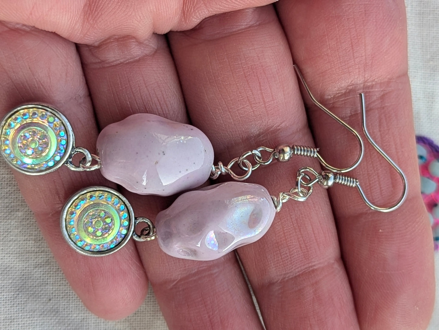 Unique Lavender Ceramic Drop Earrings with Iridescent Charms