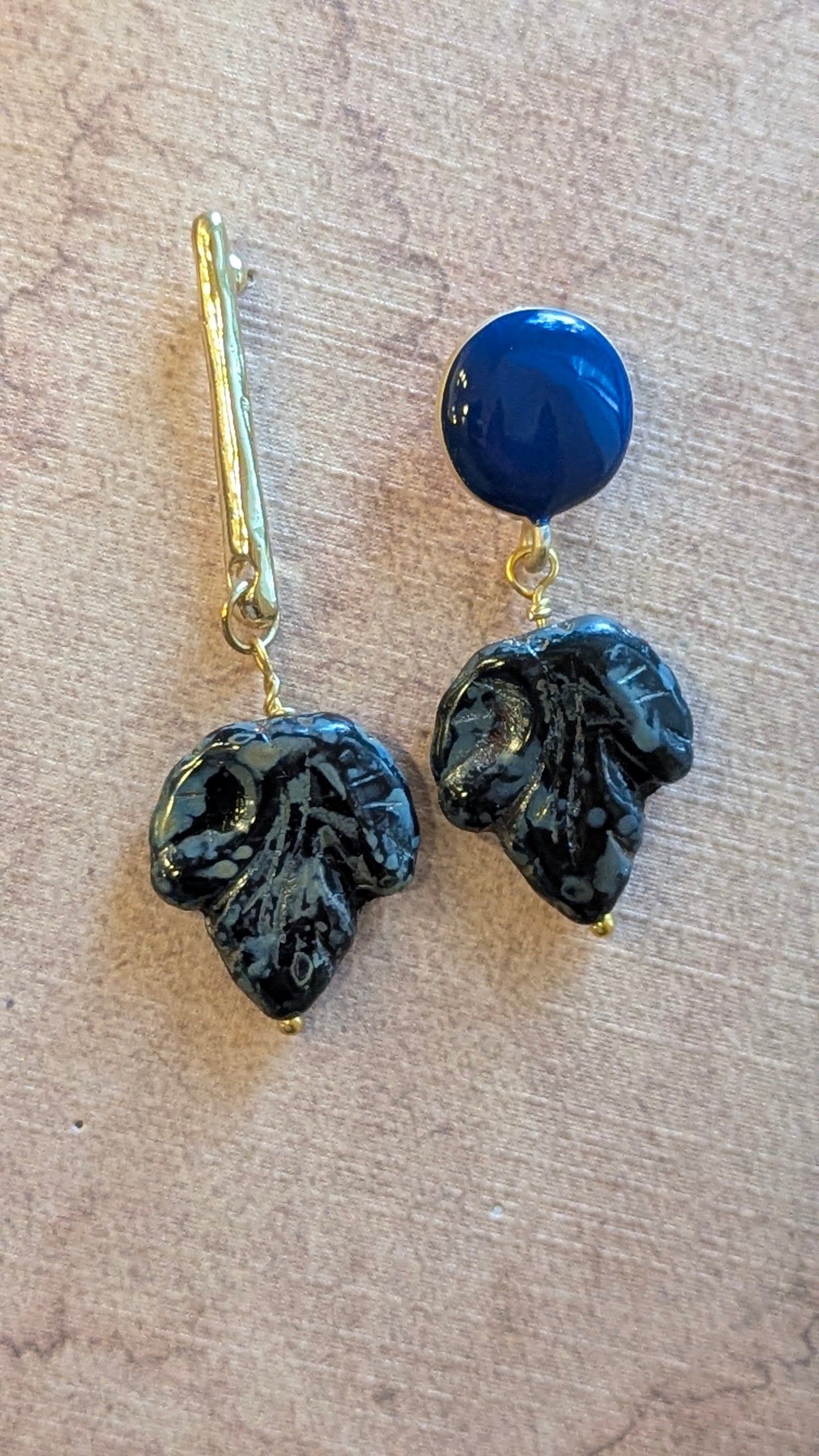 Asymmetrical Blue & Gold Marbled Leaf Dangle Earrings