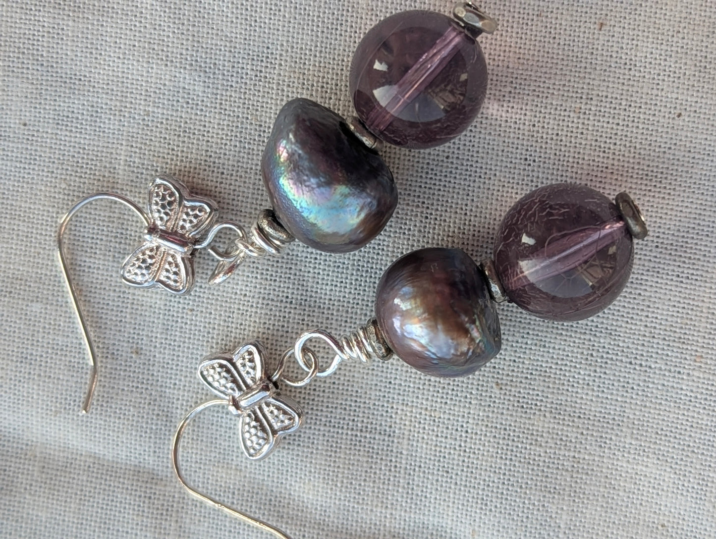 Handmade Baroque Pearl & Amethyst Glass Butterfly Earrings