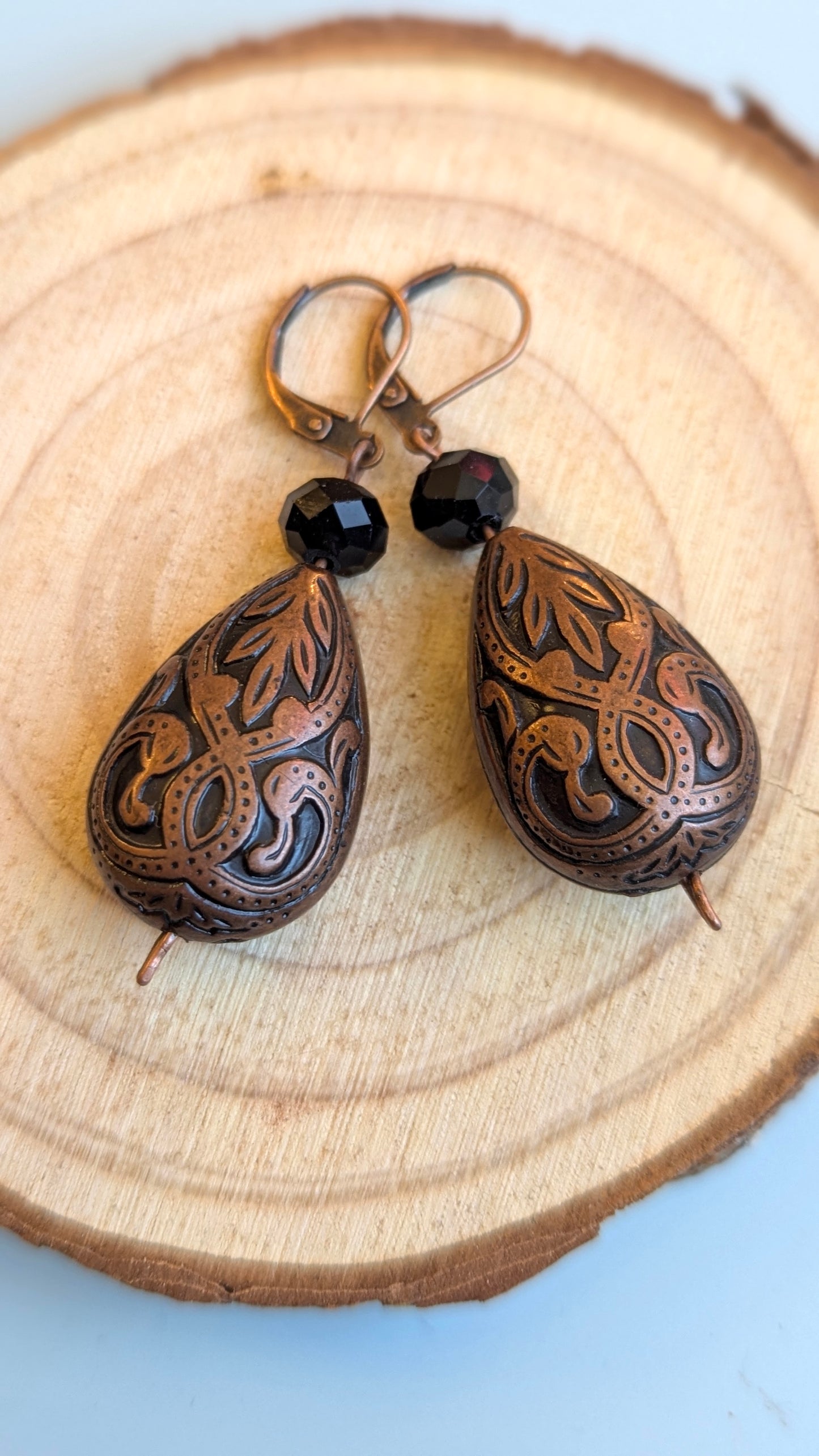 Vintage Copper Teardrop Earrings with Black Beads